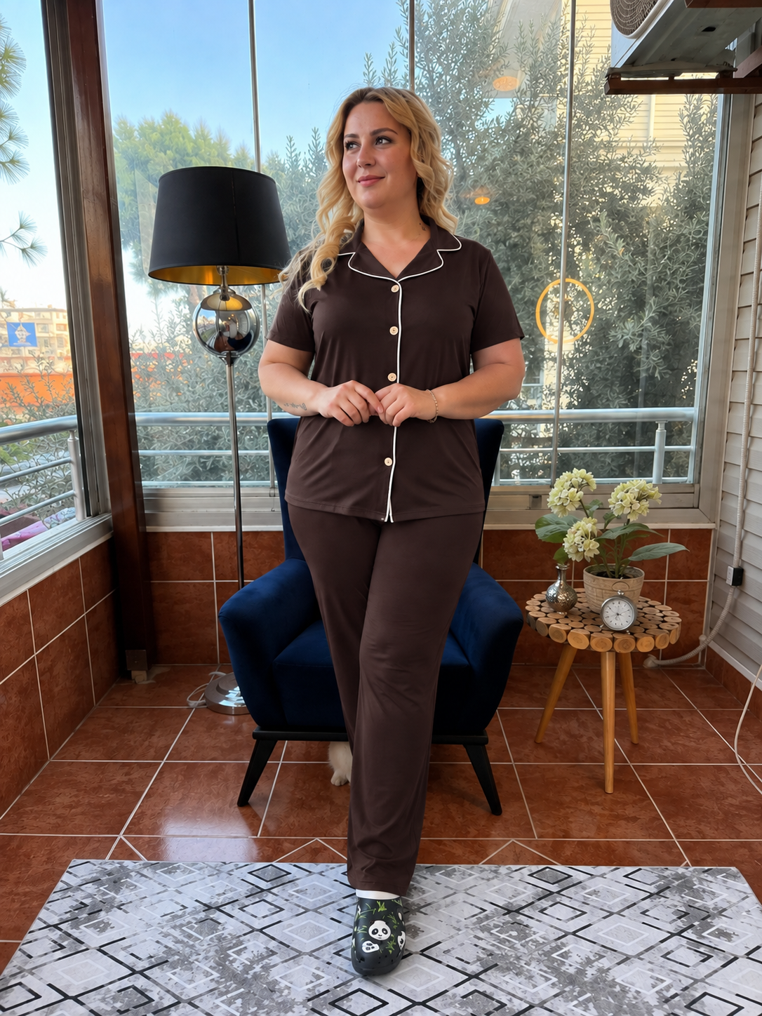Büyük Beden Düğmeli Kahve Pijama Takım