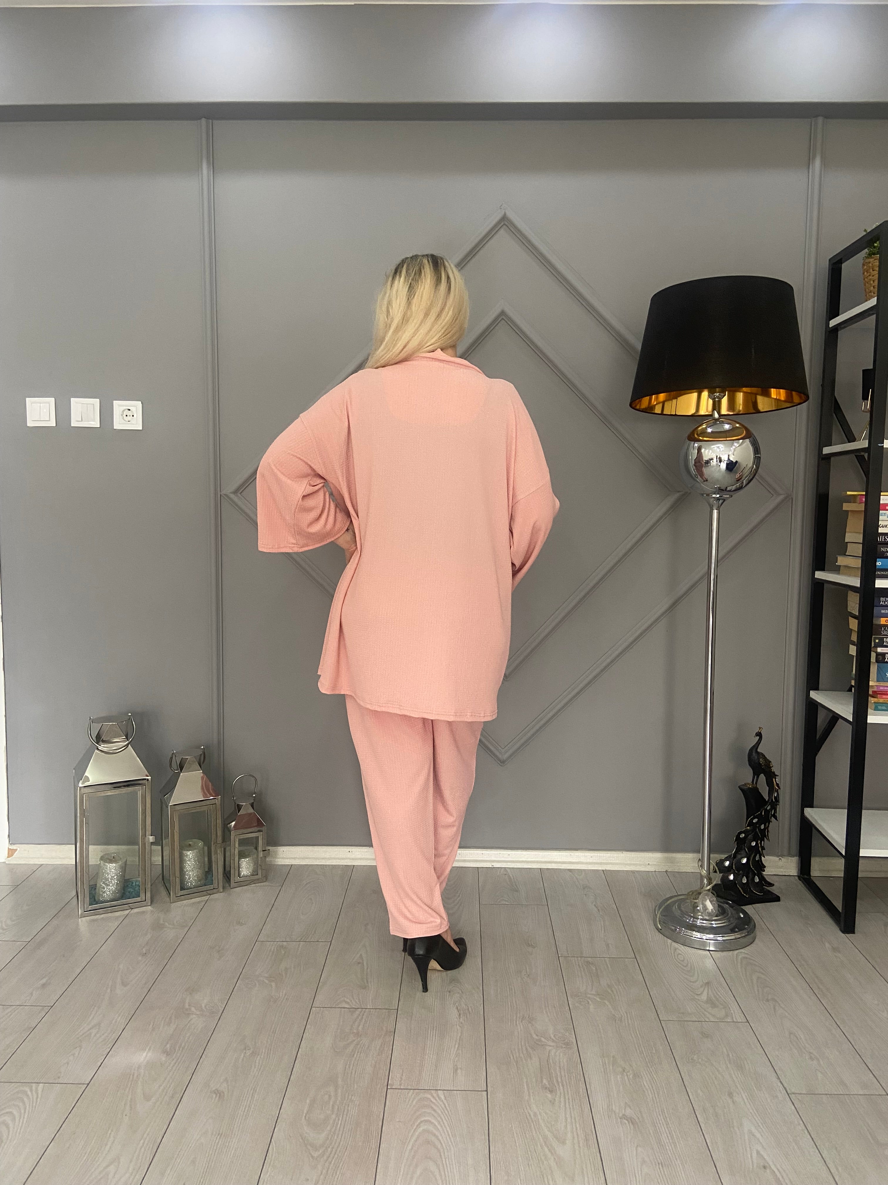 Düz Pembe Kimono Takım