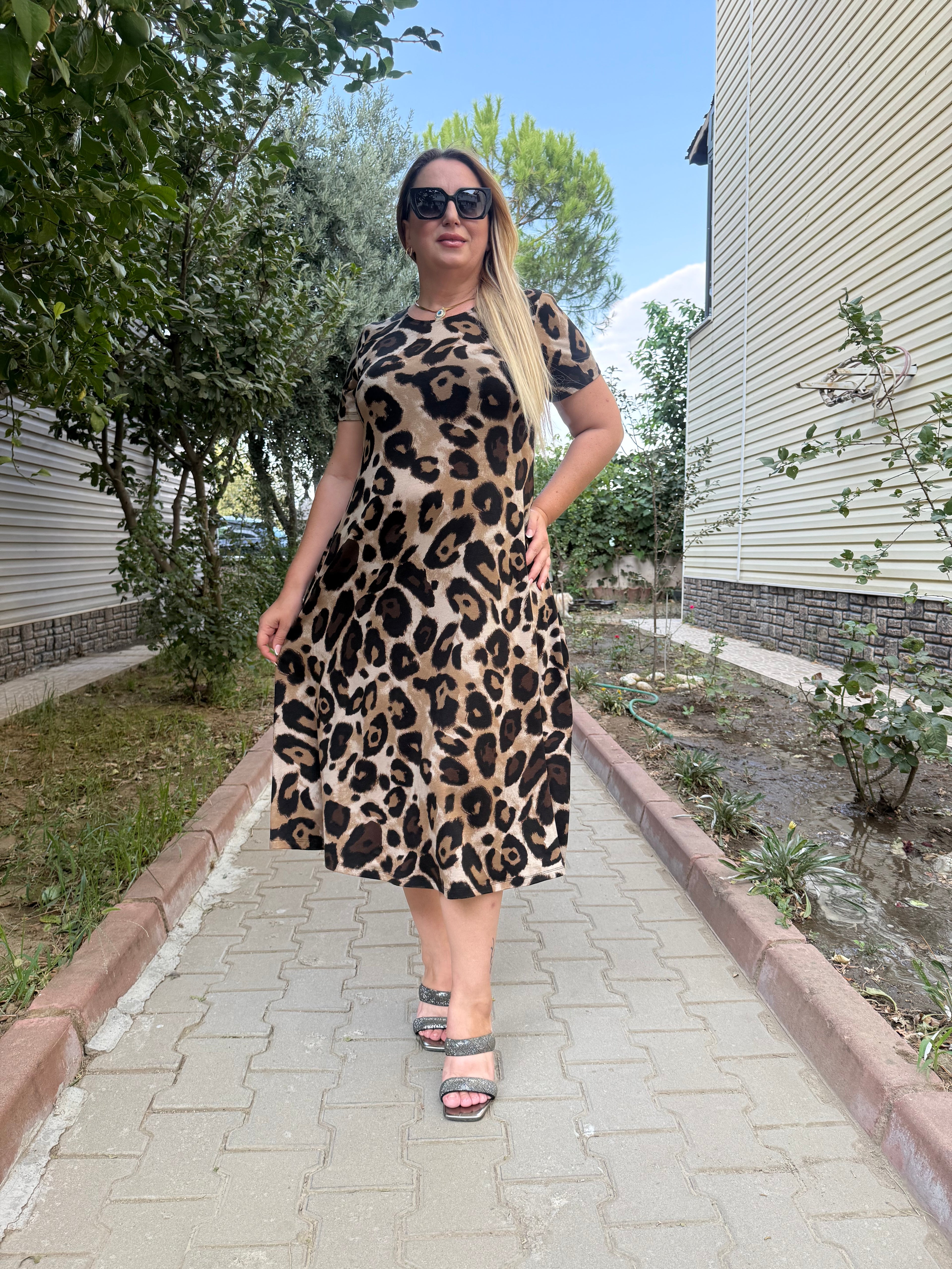 Leopar Desenli Penye Elbise