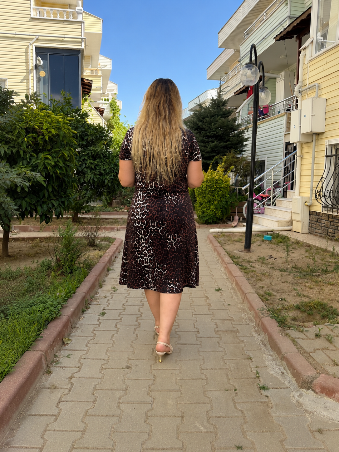 Kahve Leopar Desenli Penye Günlük Elbise