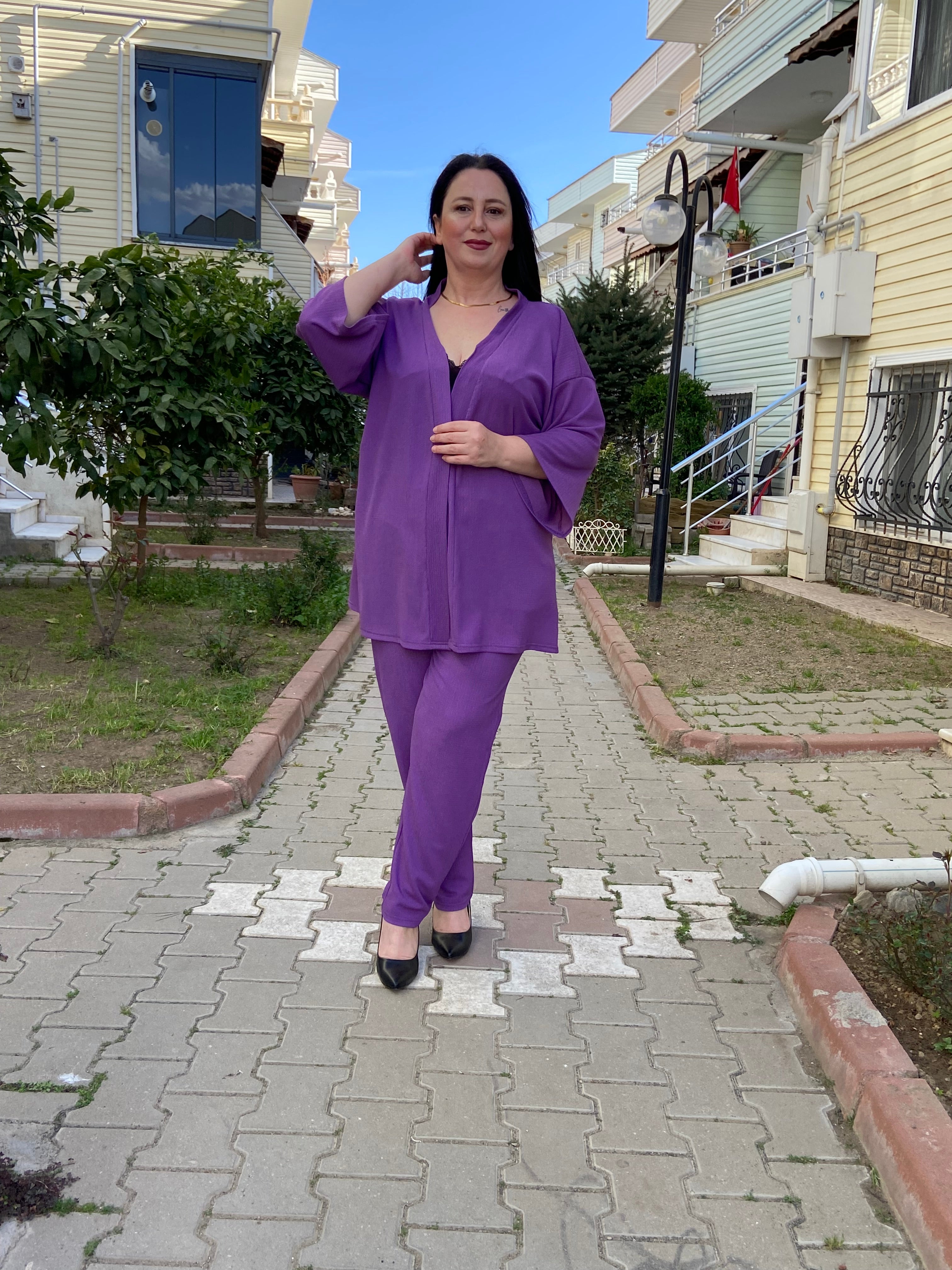 Mor Renk Büyük Beden Kimono Takım