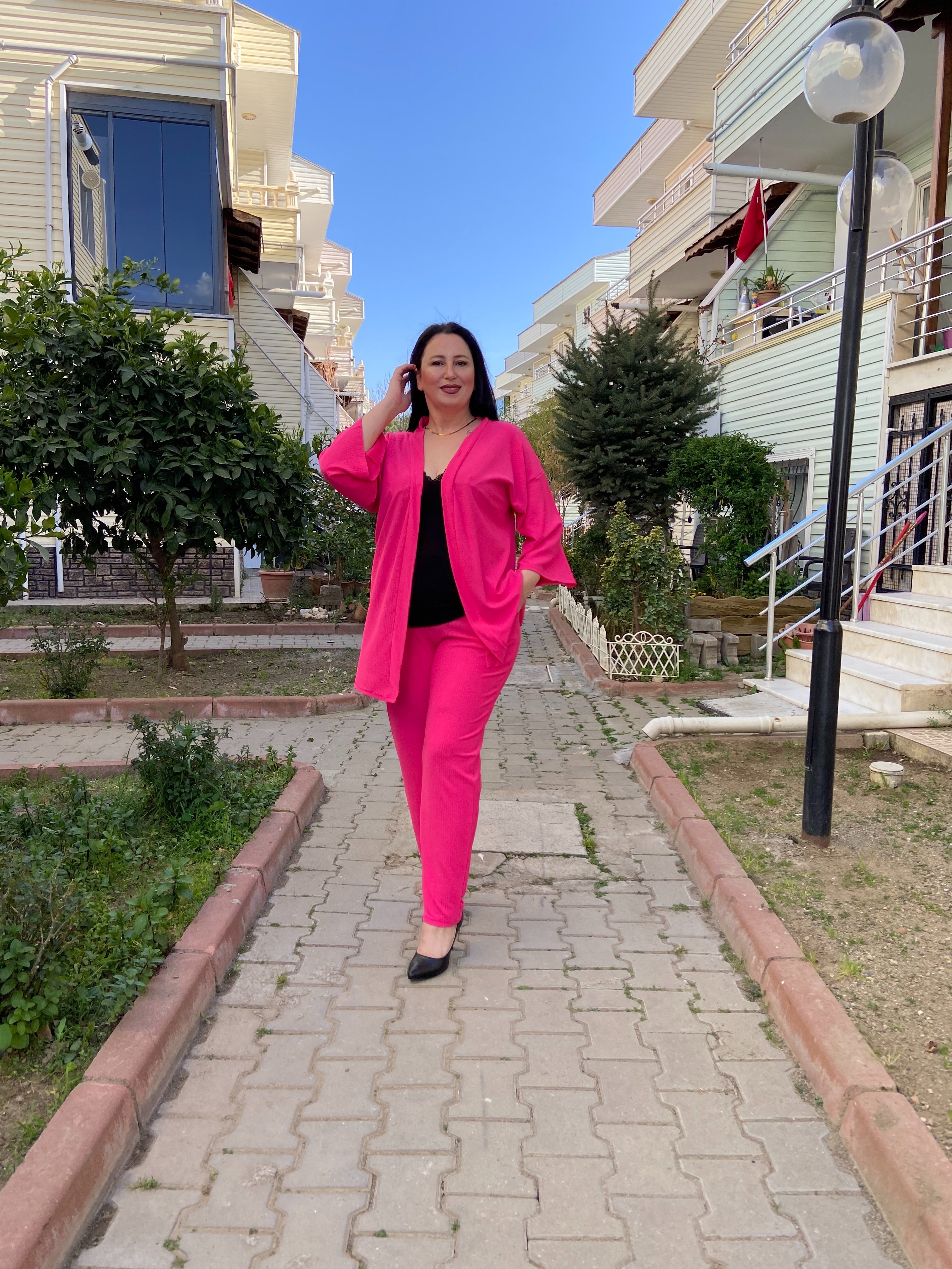 Fuşya Renk Büyük Beden Kimono Takım
