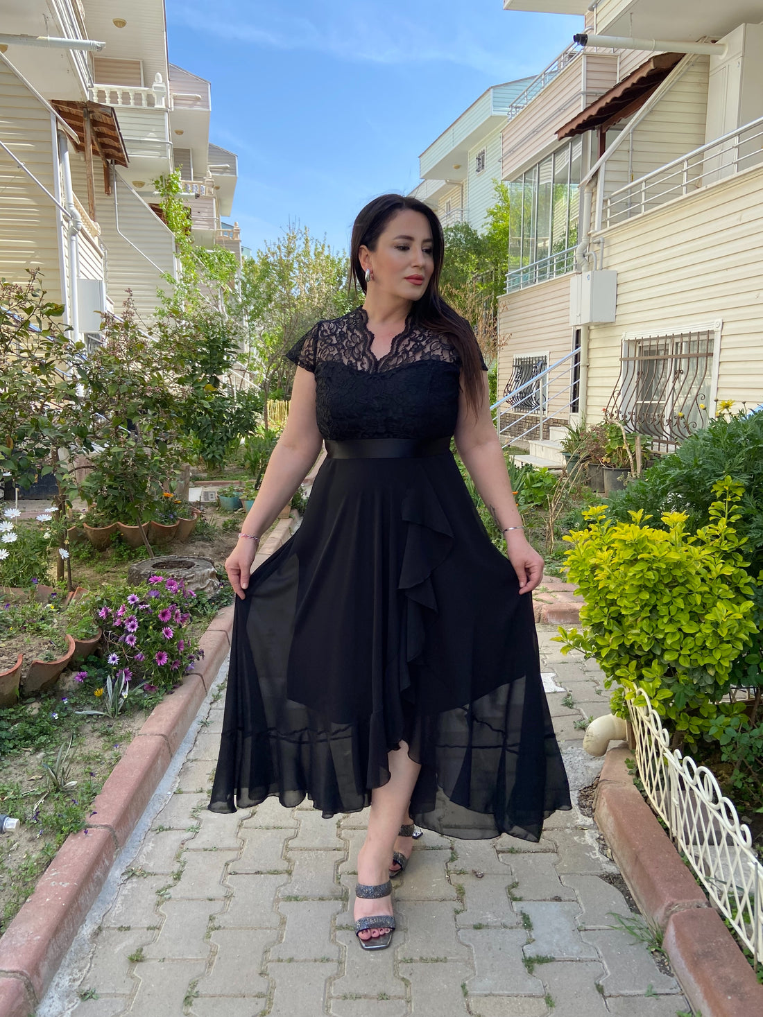 Dantel Üst Şifon Siyah Abiye Elbise