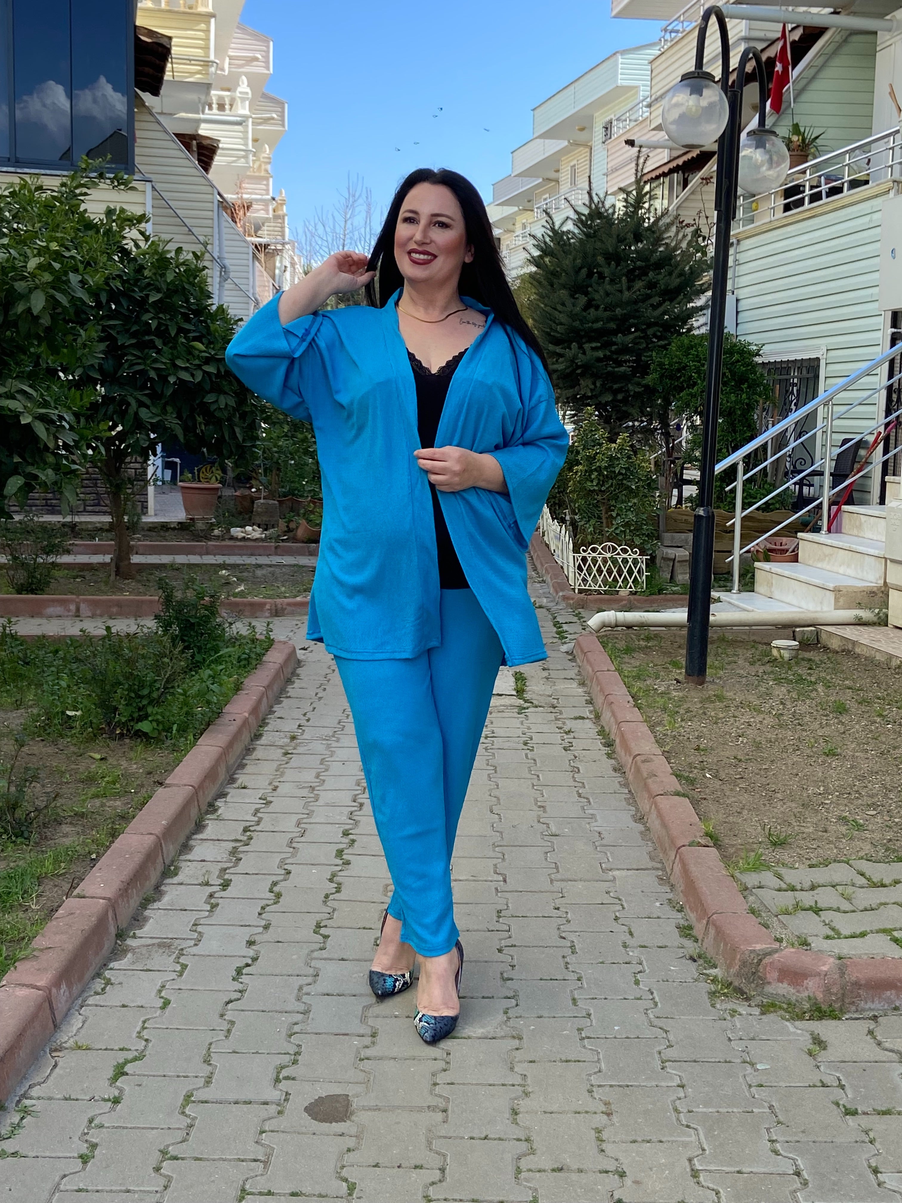 Mavi Renk Büyük Beden Kimono Takım