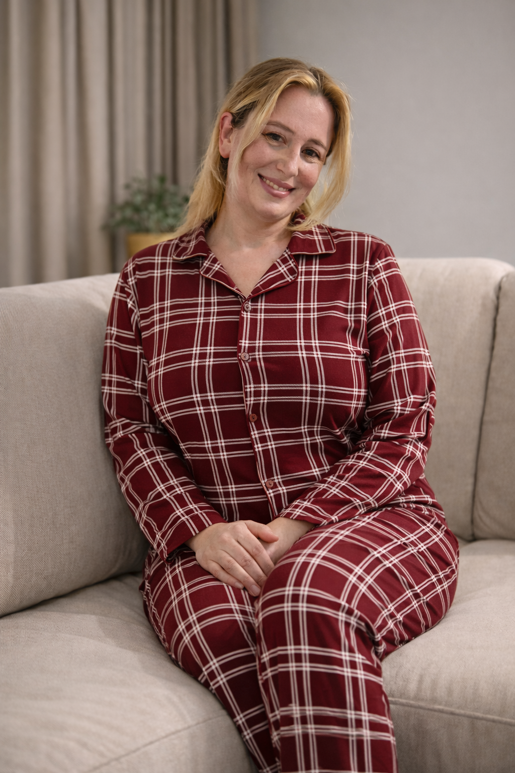 Bordo Kareli Rahat Kalıp Pijama Takımı