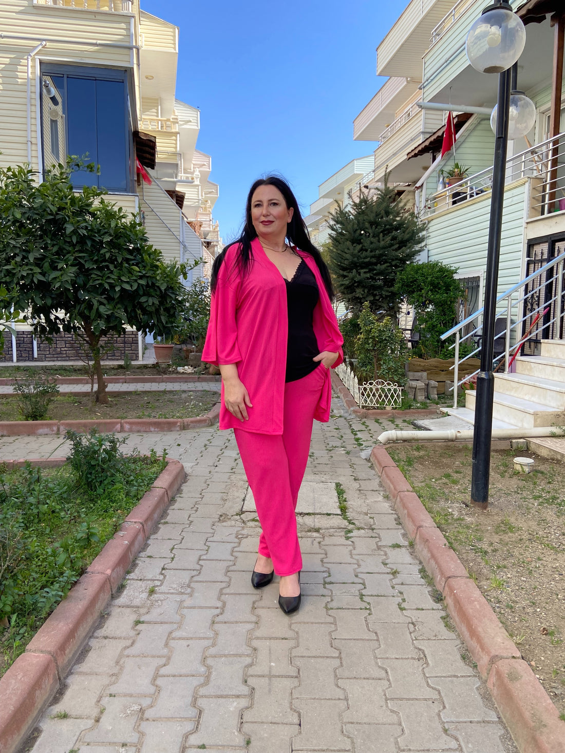 Fuşya Renk Büyük Beden Kimono Takım