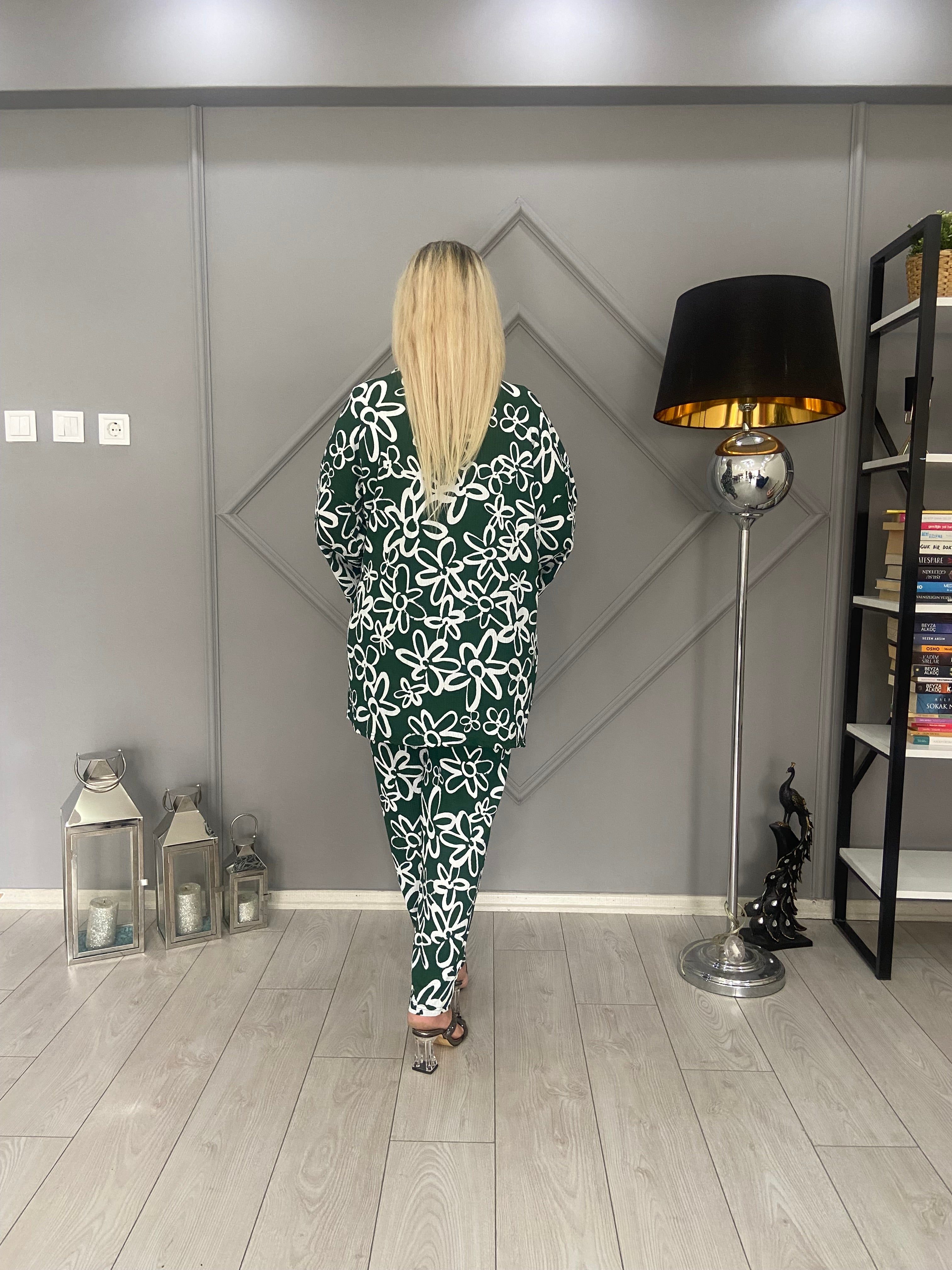 Yeşil Beyaz Desenli Kimono Takım
