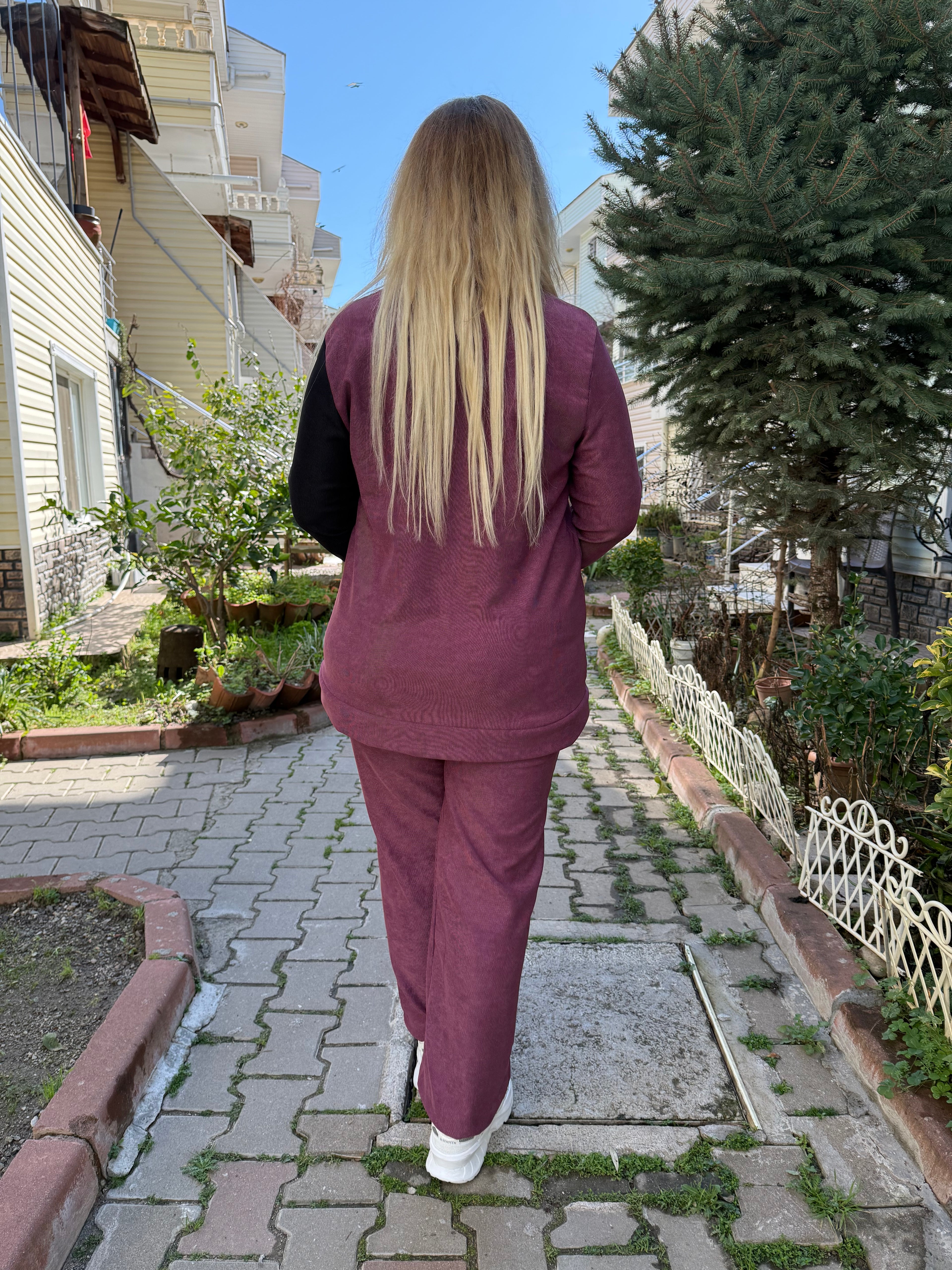 Büyük Beden Bordo-Siyah Garnili Eşofman Takımı