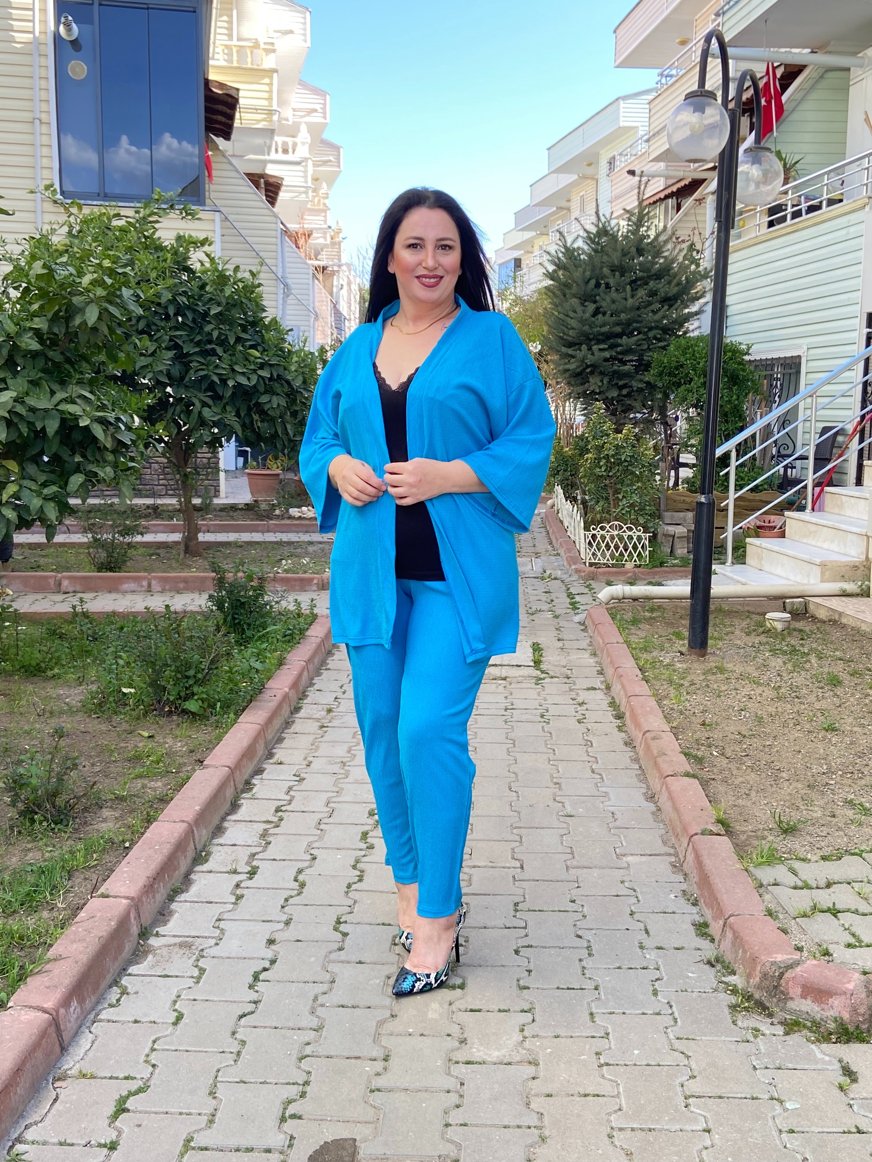Mavi Renk Büyük Beden Kimono Takım