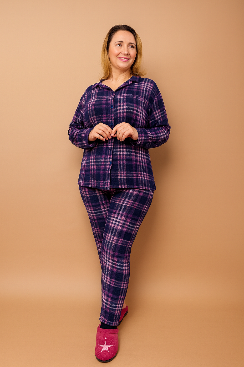 Lacivert Kareli Rahat Kalıp Pijama Takımı