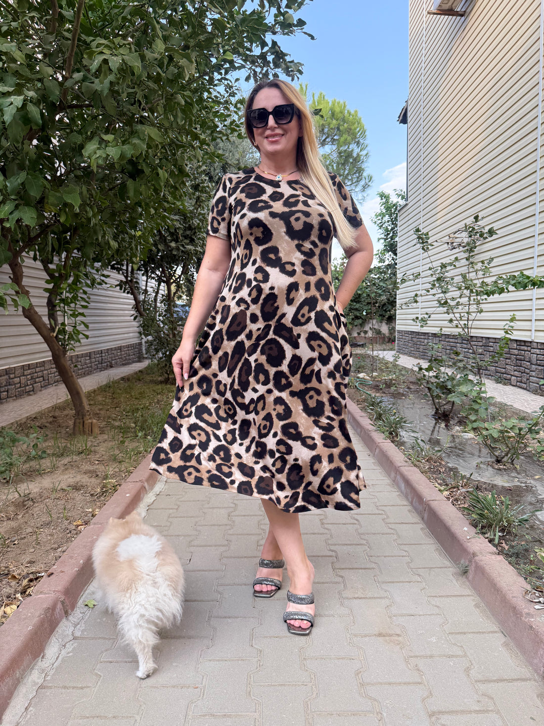 Leopar Desenli Penye Elbise