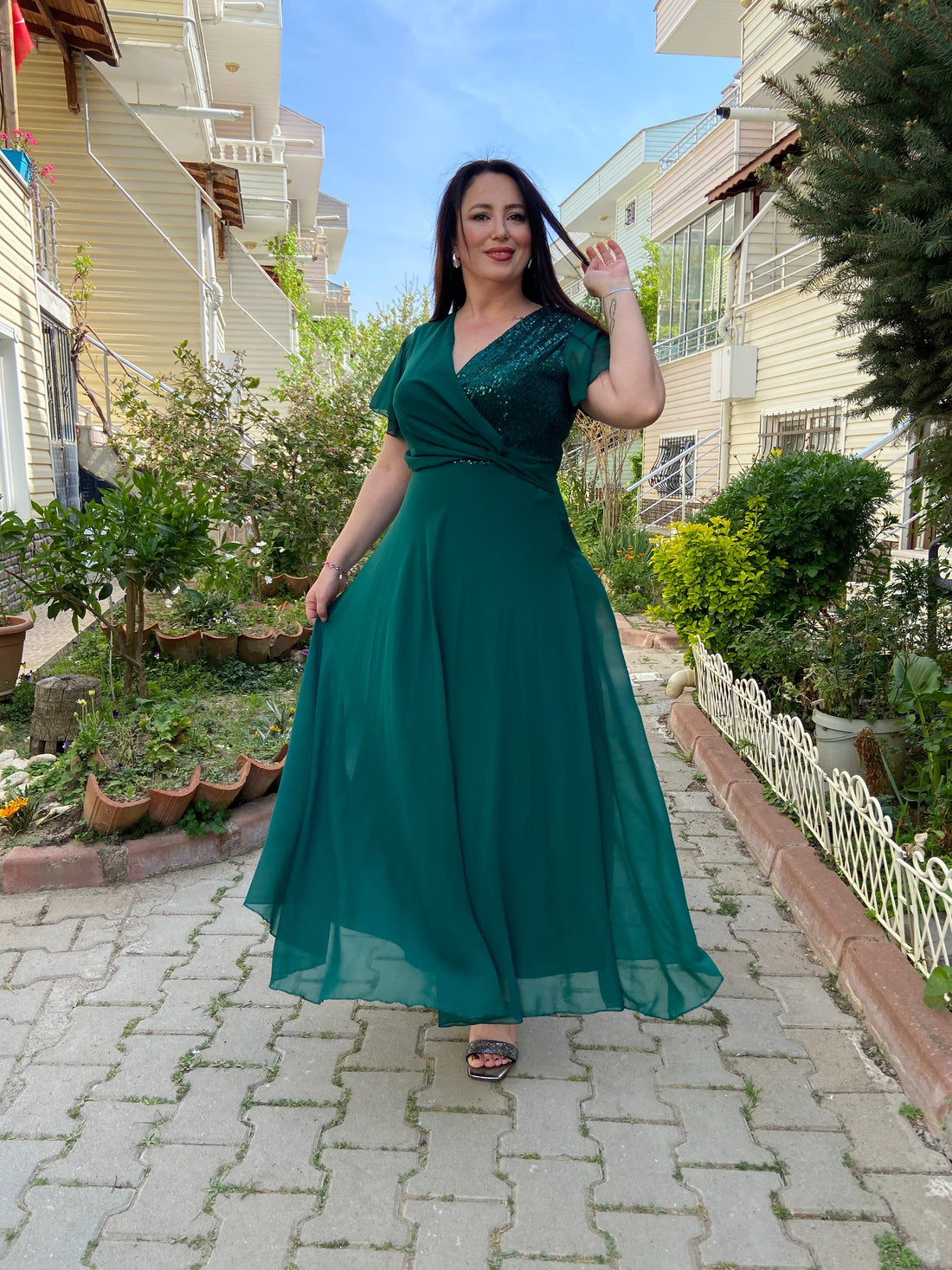 Şifon Yeşil Payet Detaylı Abiye Elbise