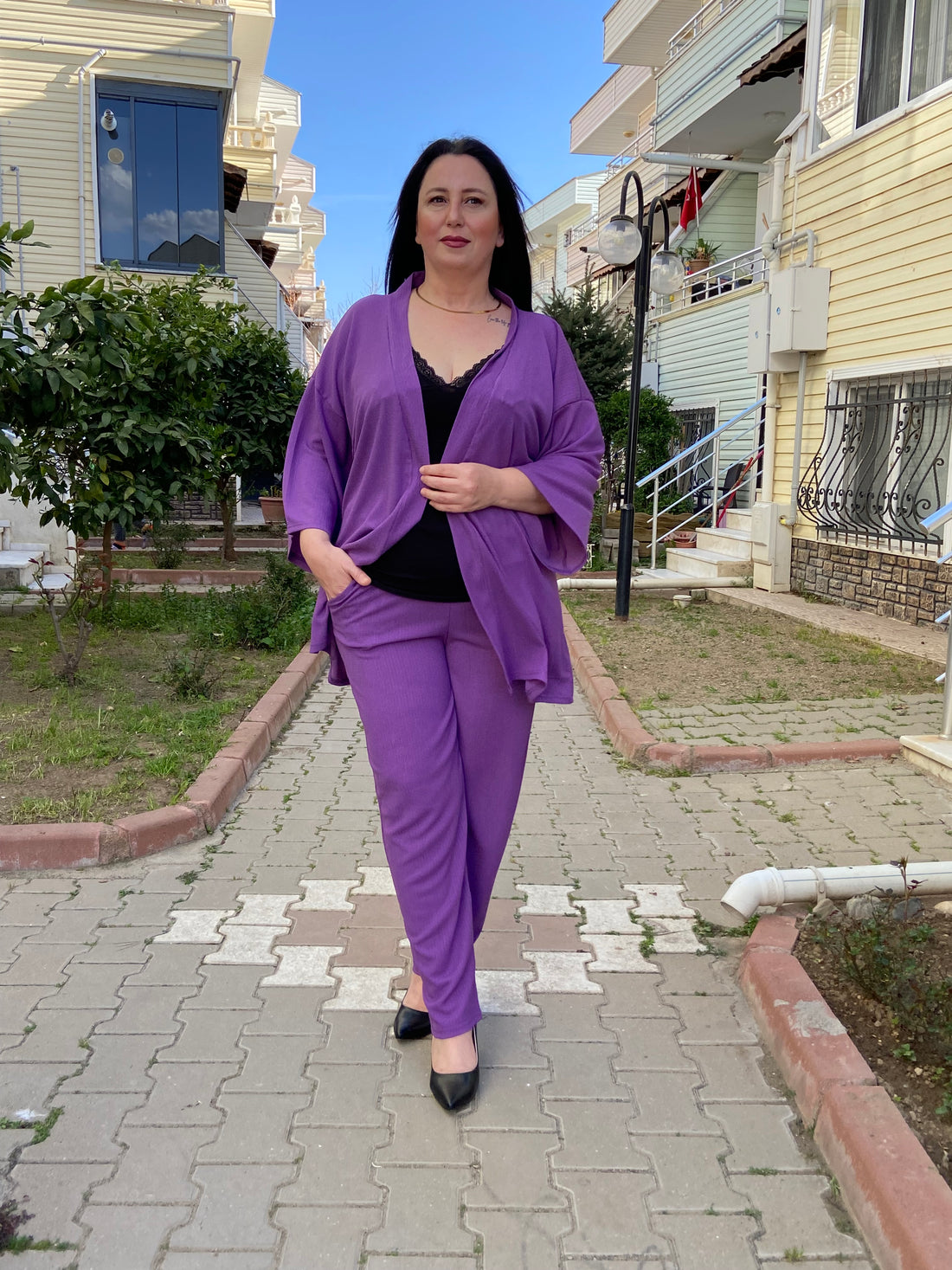 Mor Renk Büyük Beden Kimono Takım