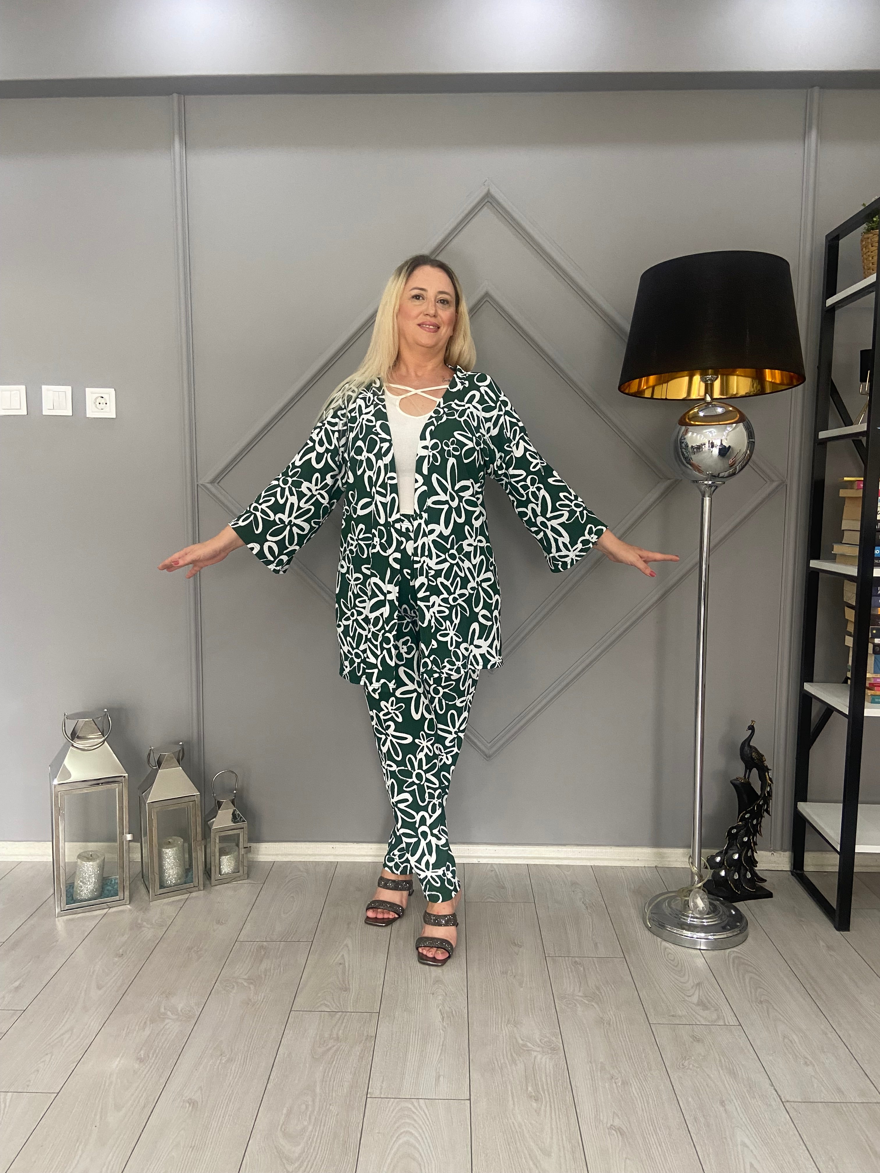 Yeşil Beyaz Desenli Kimono Takım