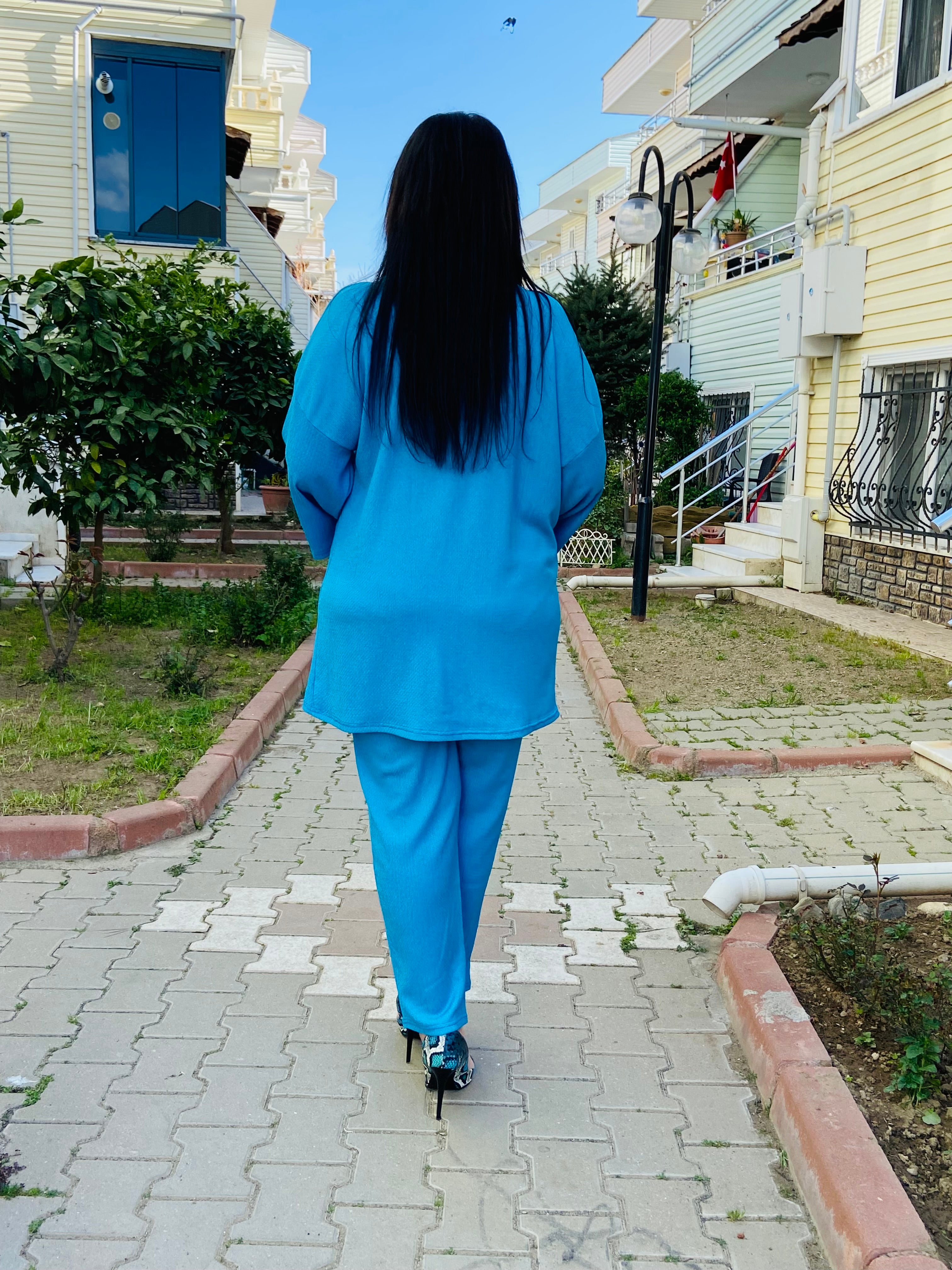 Mavi Renk Büyük Beden Kimono Takım