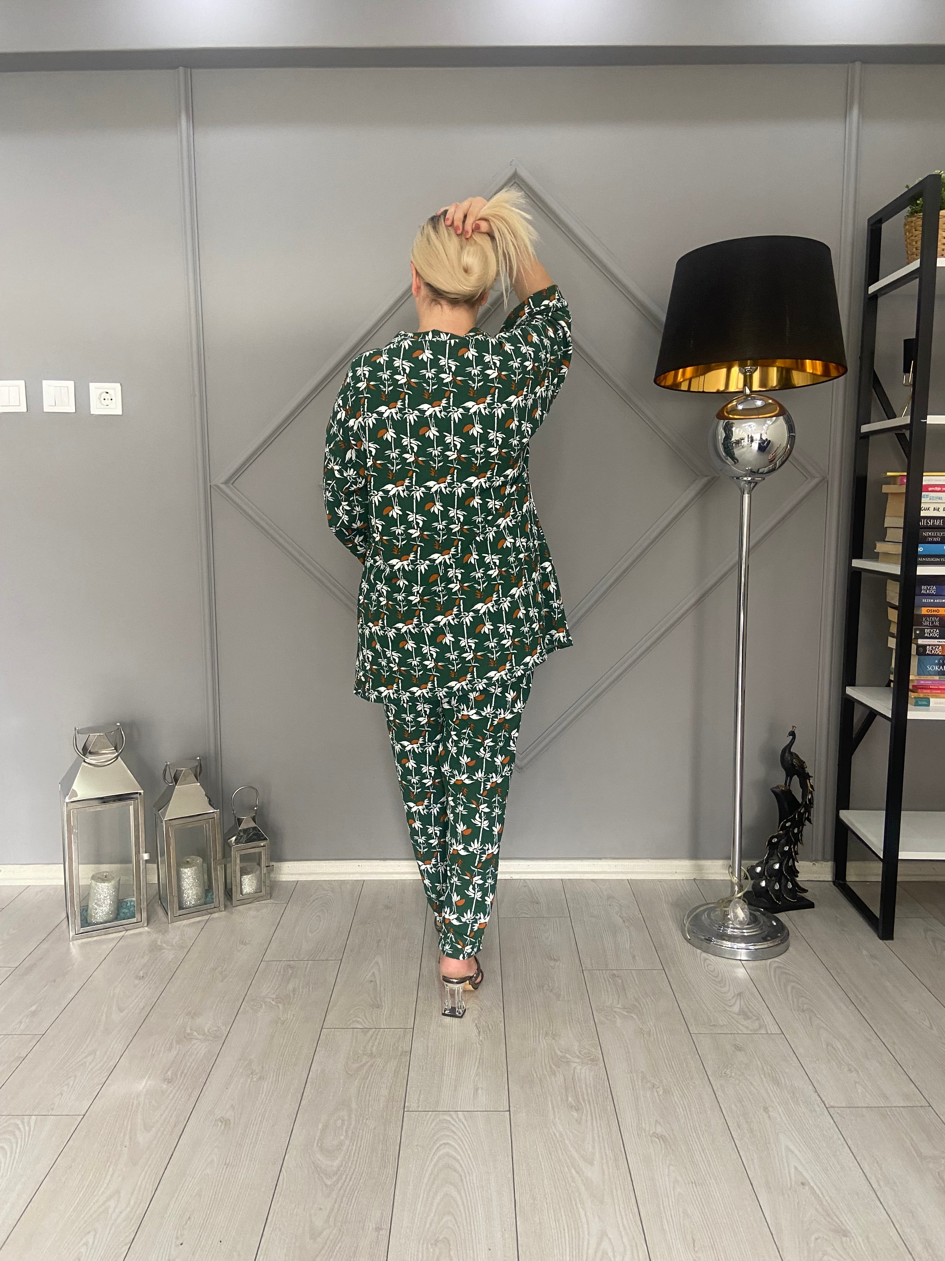 Yeşil Çiçek Desenli Kimono Takım