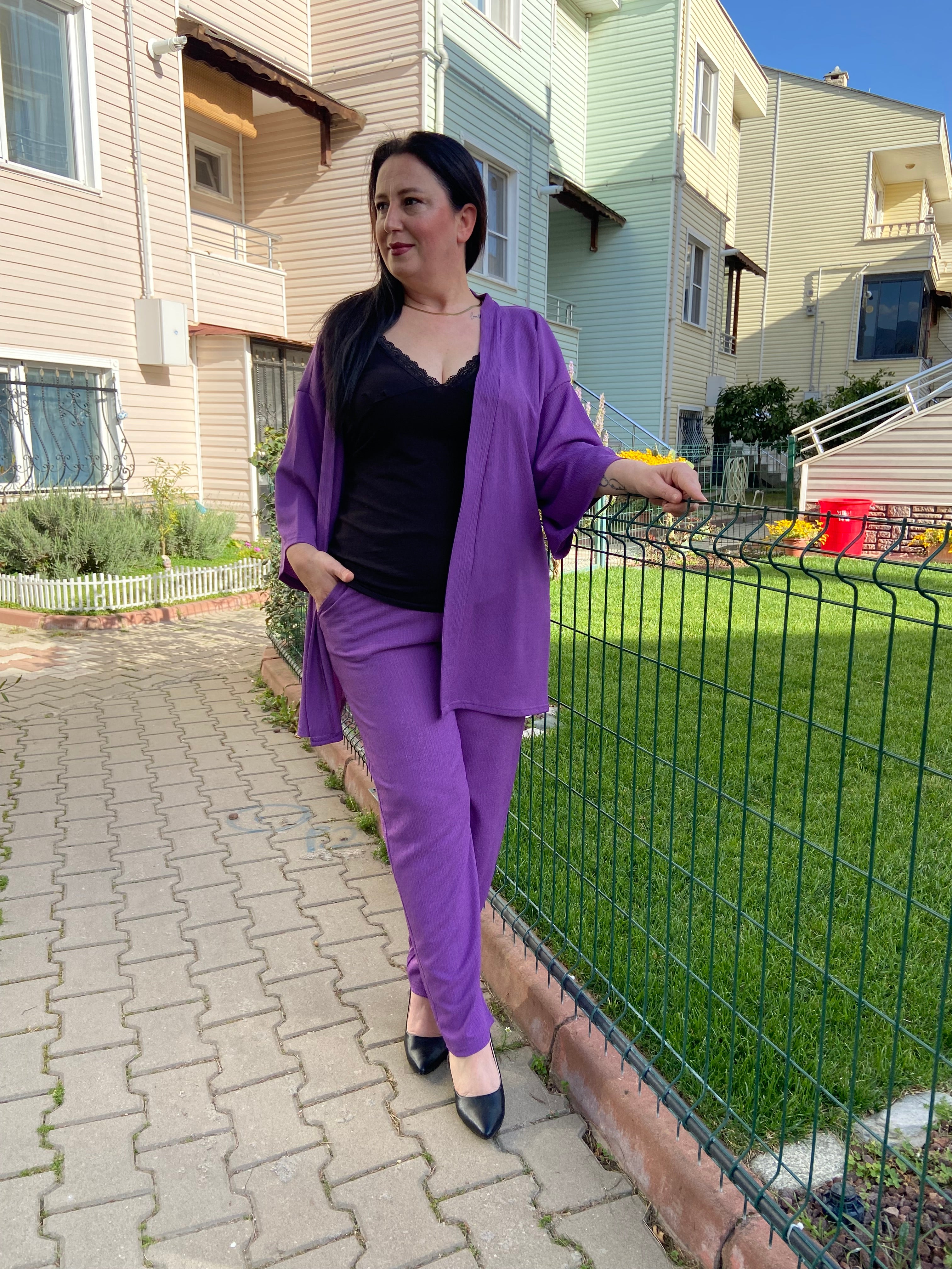 Mor Renk Büyük Beden Kimono Takım
