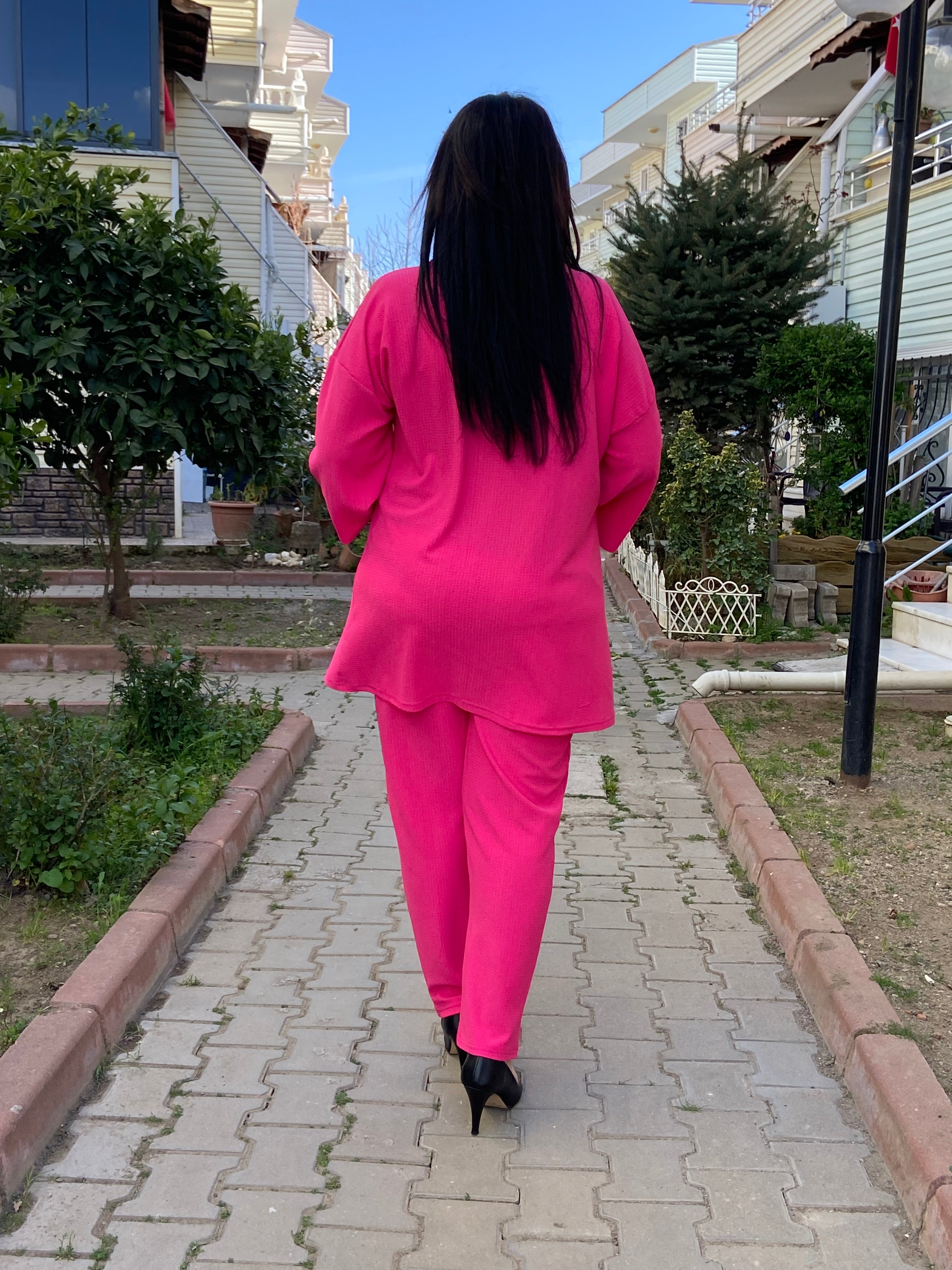 Fuşya Renk Büyük Beden Kimono Takım