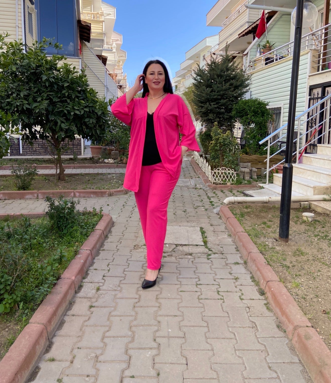 Üçlü Fuşya kimono Takım