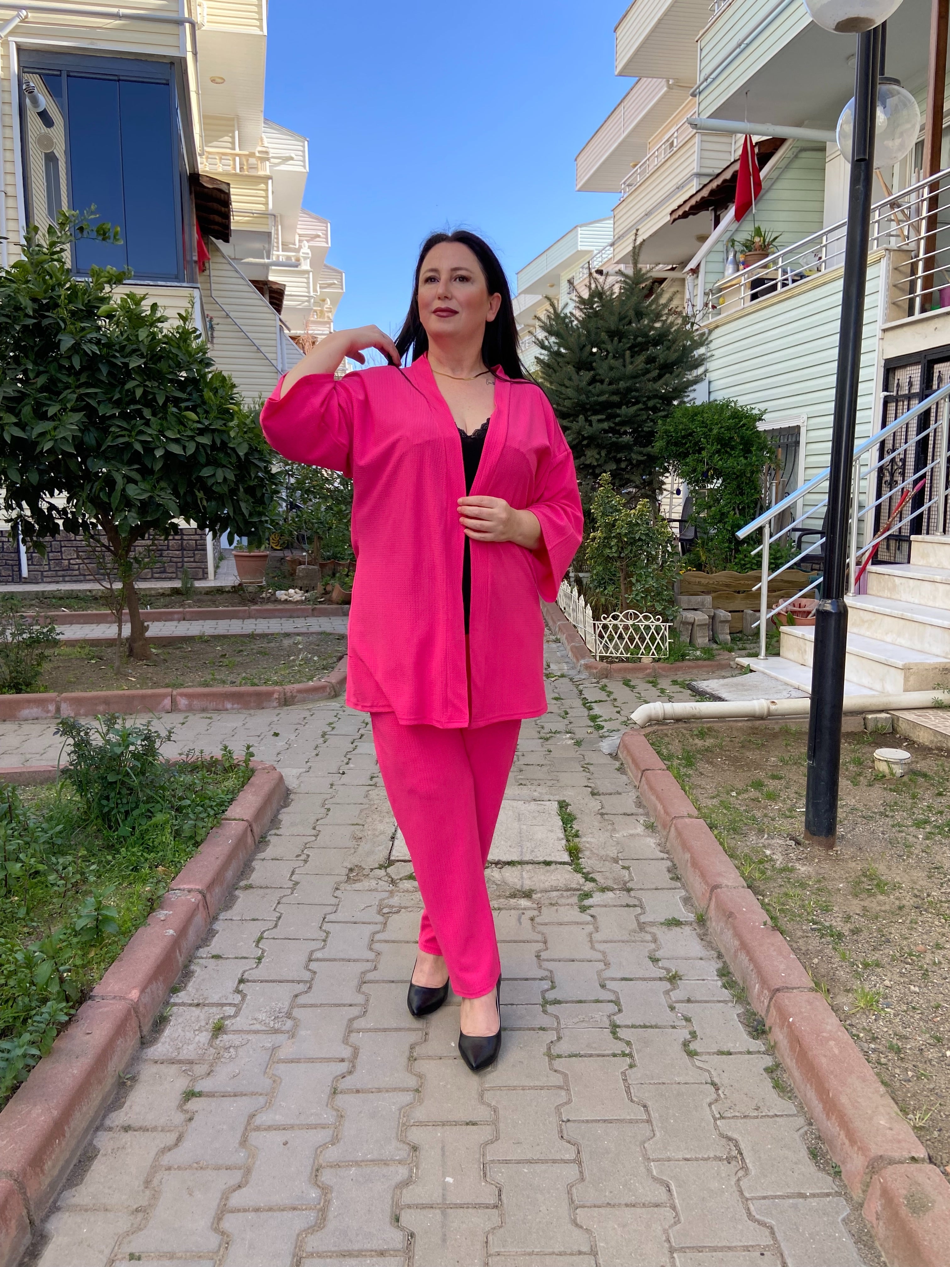 Fuşya Renk Büyük Beden Kimono Takım
