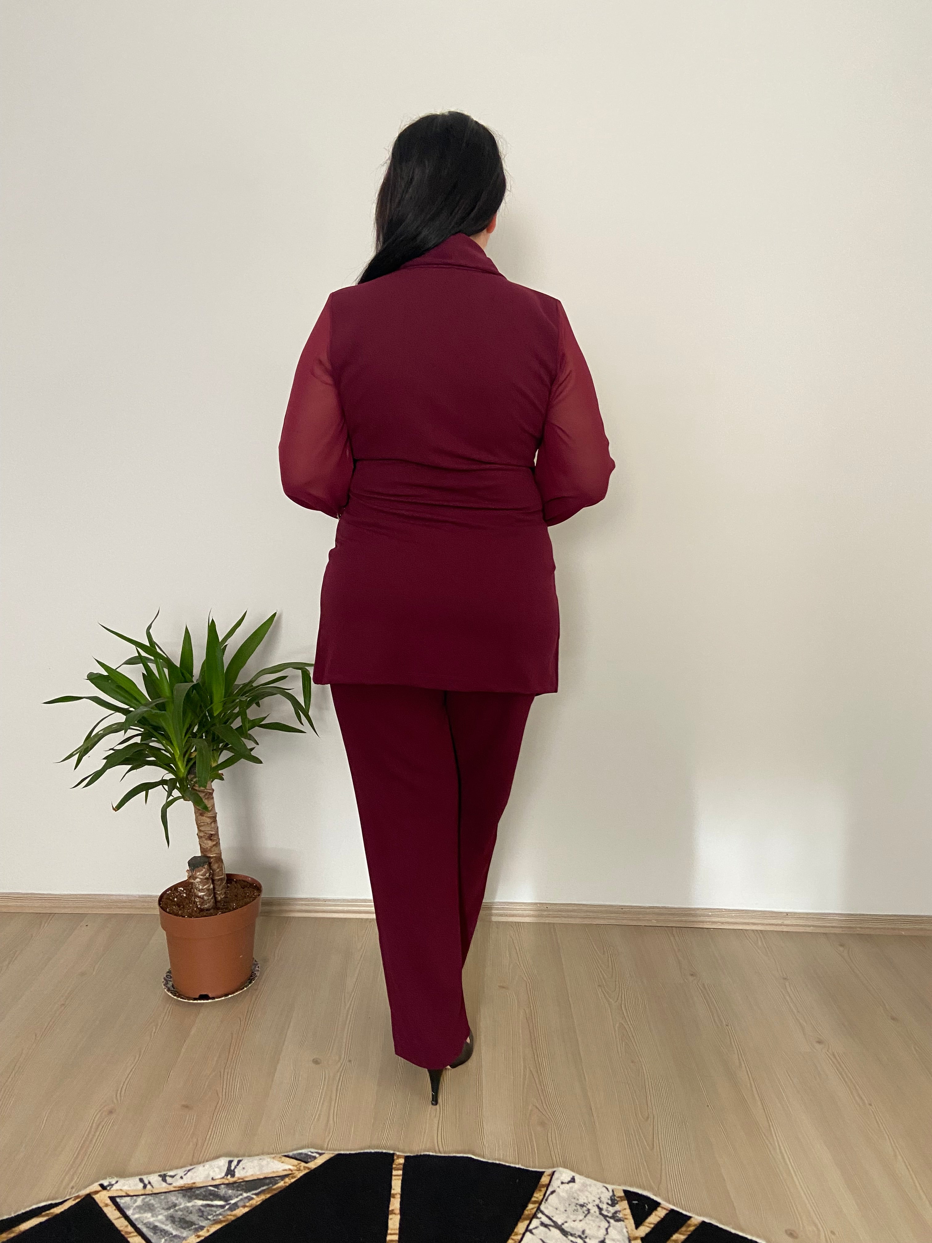 Bordo Özel Tasarım Düğme Detaylı Takım