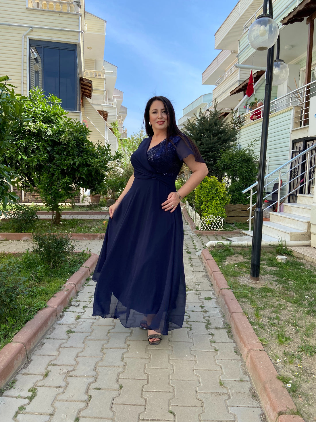 Şifon Lacivert Payet Detaylı Abiye Elbise