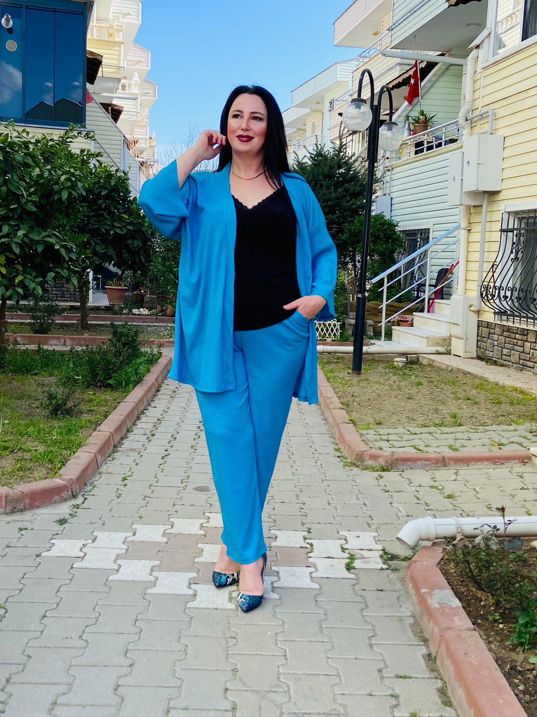 Mavi Renk Büyük Beden Kimono Takım