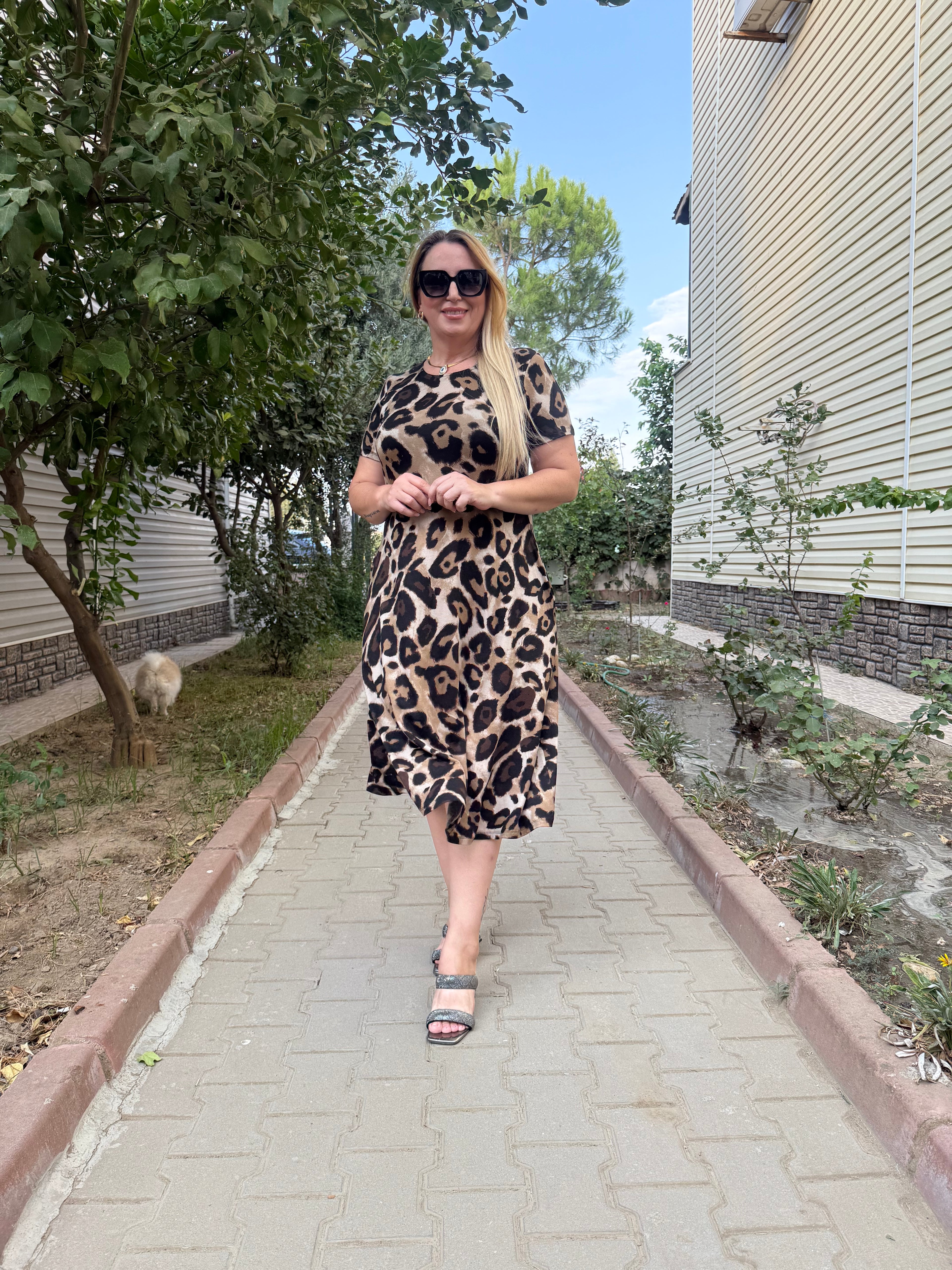 Leopar Desenli Penye Elbise