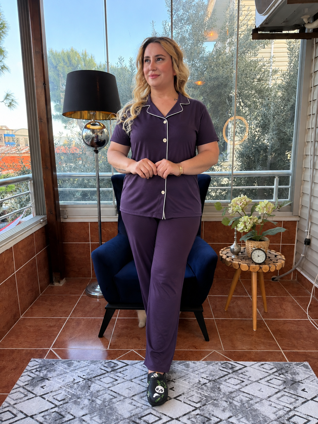 Büyük Beden Düğmeli Mor Pijama Takım