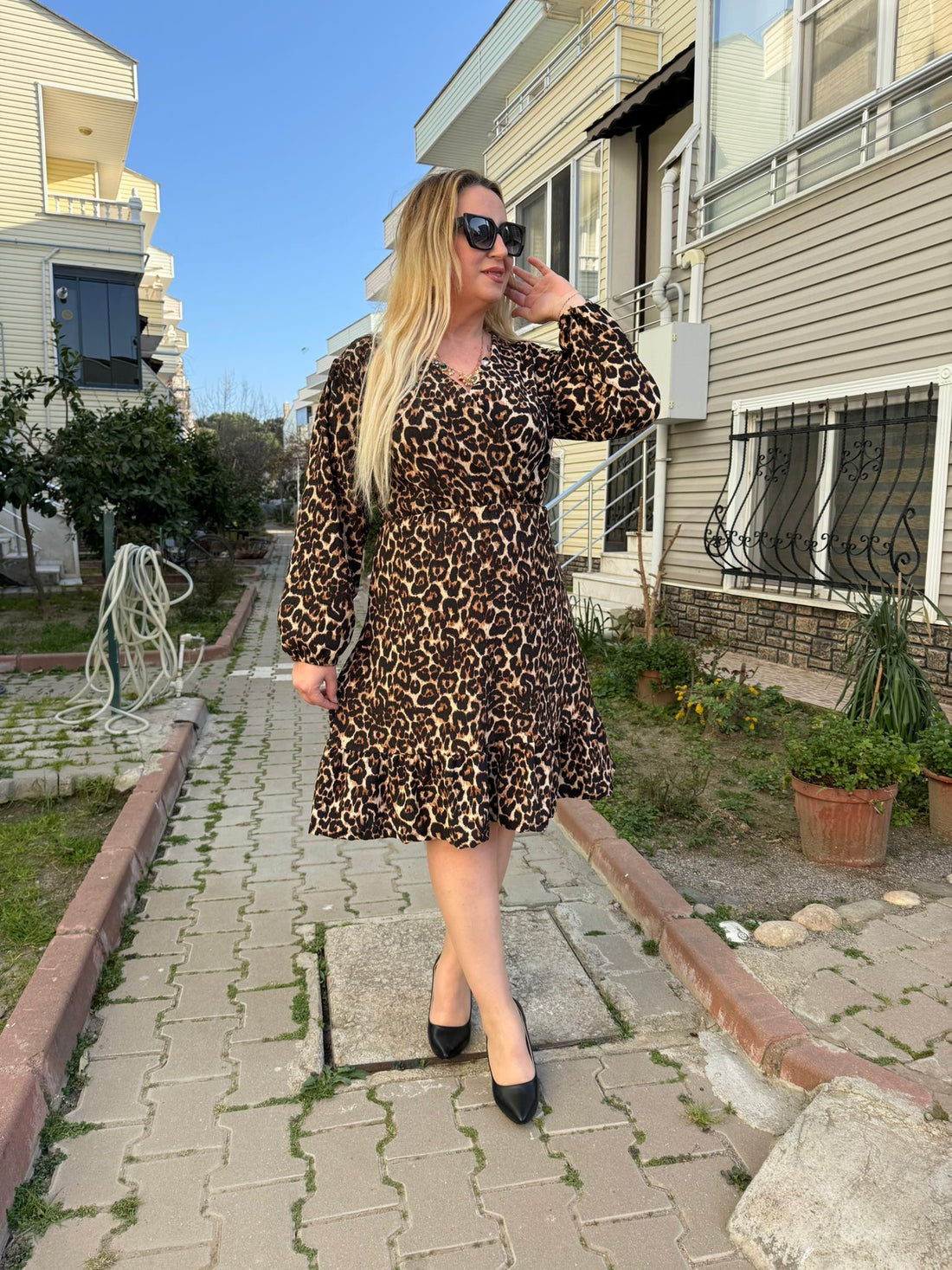 Kravuze Yaka Büyük Beden Leopar Desenli Elbise