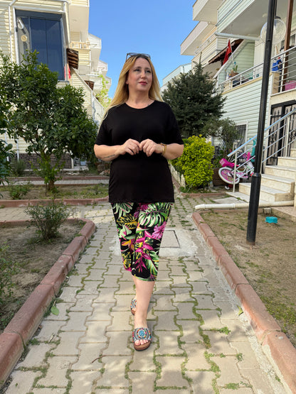 Siyah Yaprak Desenli Penye Kapri Takım