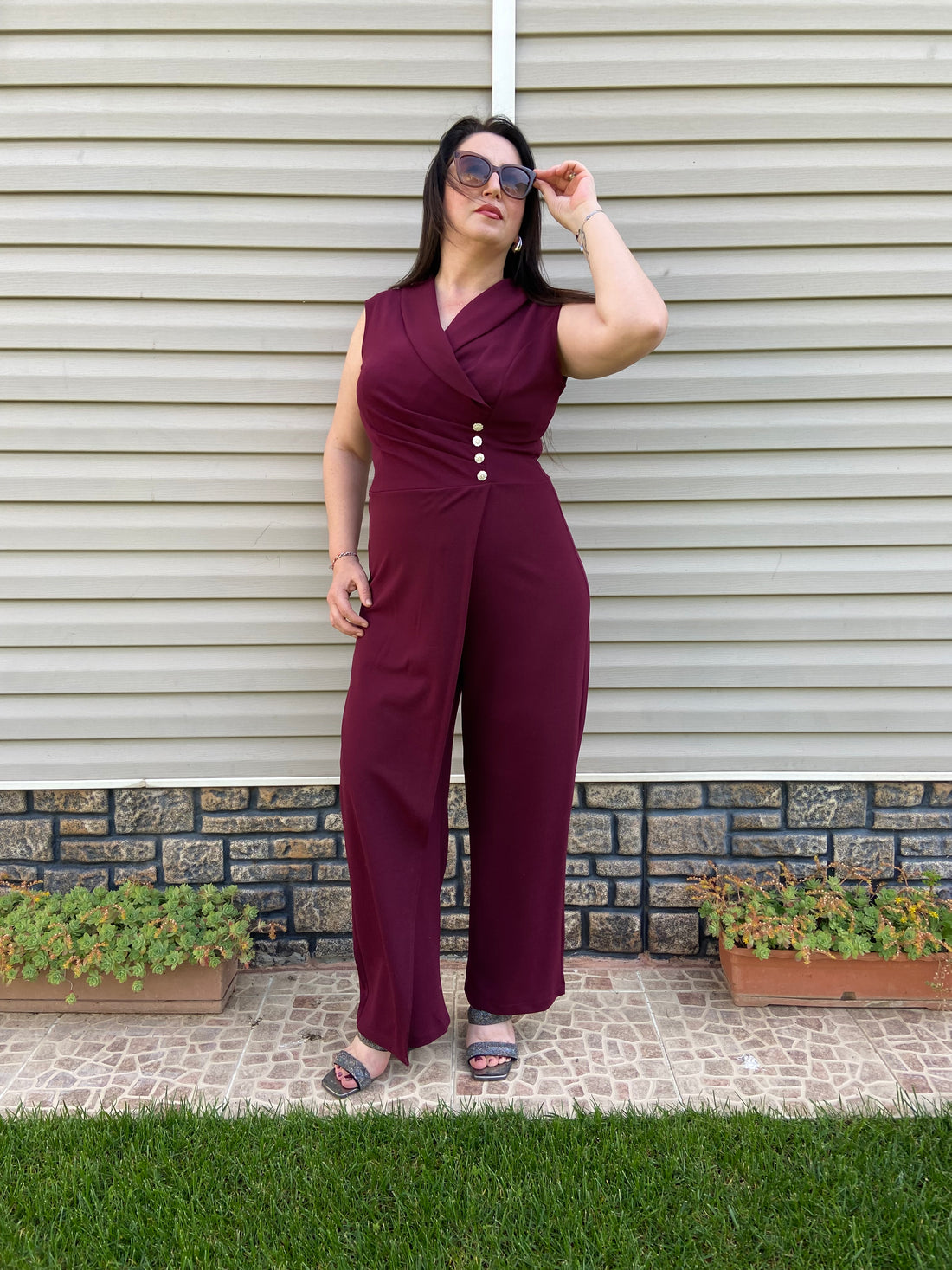 Bordo Özel Düğme Detaylı Tulum