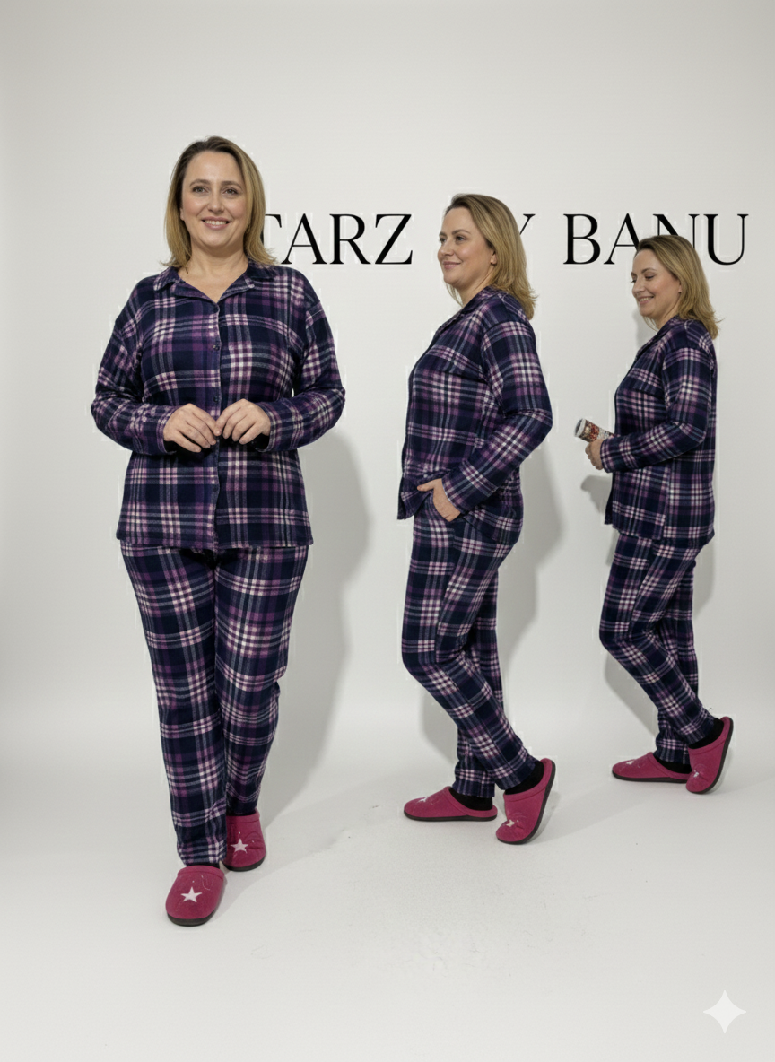 Lacivert Kareli Rahat Kalıp Pijama Takımı