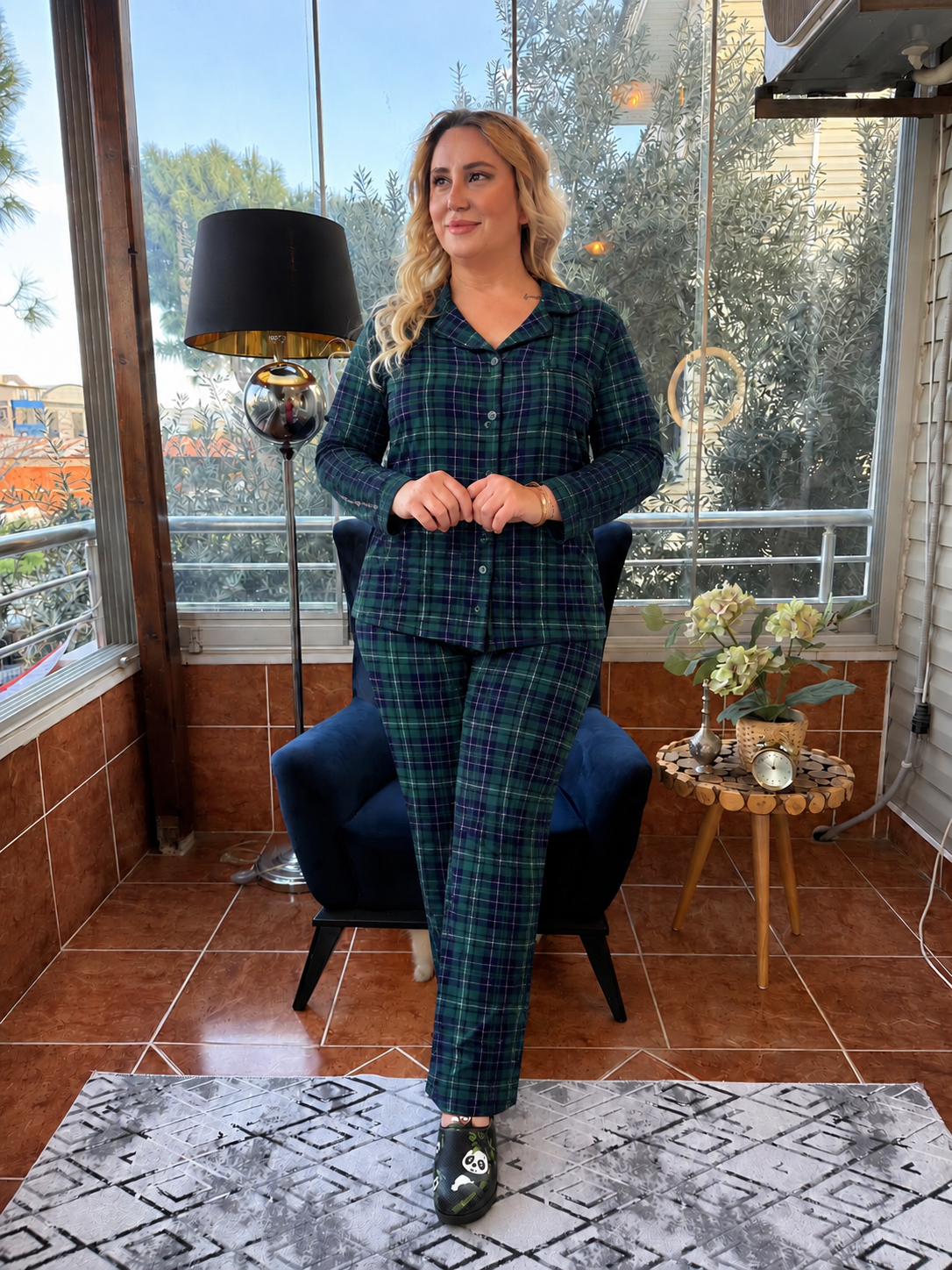 Büyük Beden Yeşil Kareli Pijama Takım