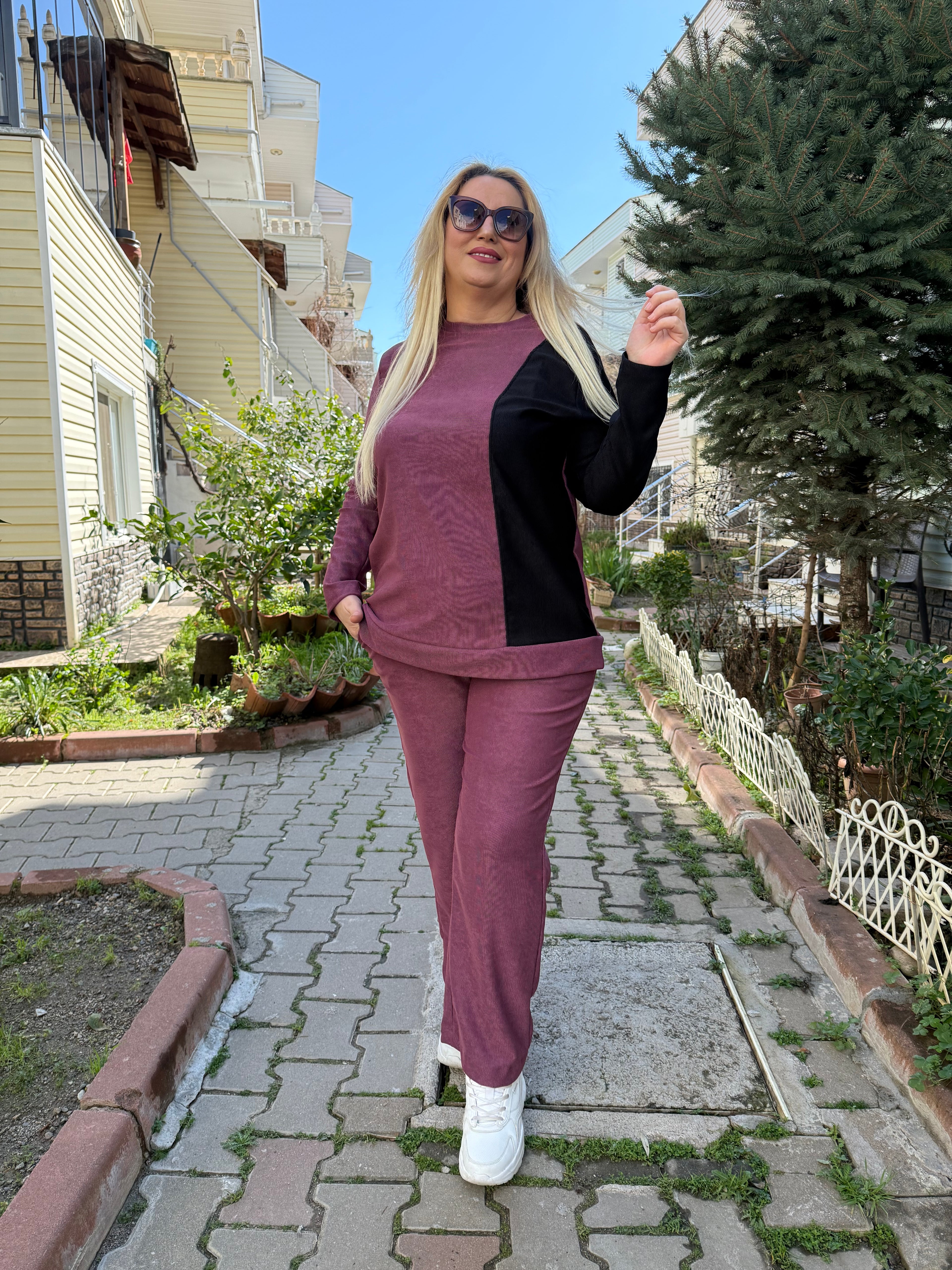 Büyük Beden Bordo-Siyah Garnili Eşofman Takımı