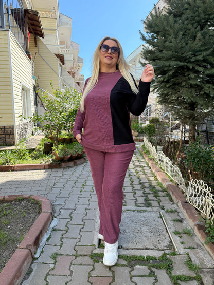 Büyük Beden Bordo-Siyah Garnili Eşofman Takımı