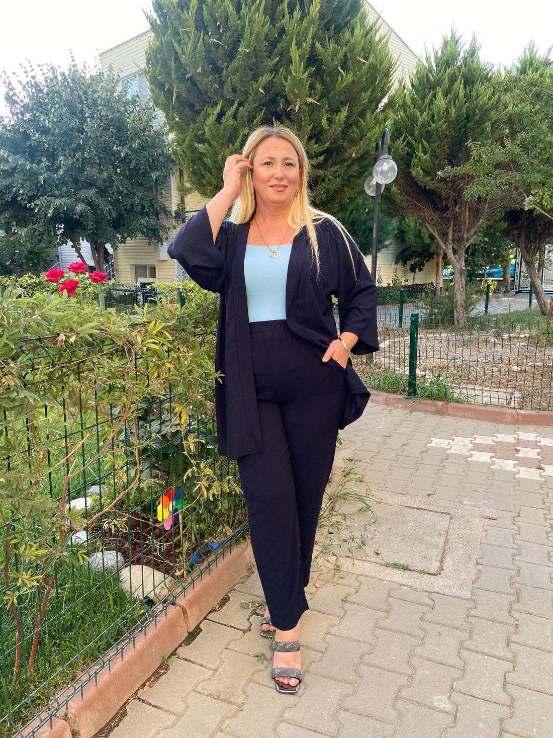 Üçlü Lacivert kimono Takım