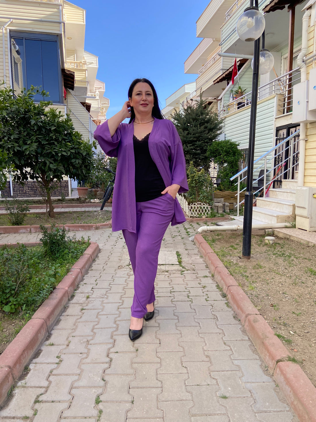 Mor Renk Büyük Beden Kimono Takım