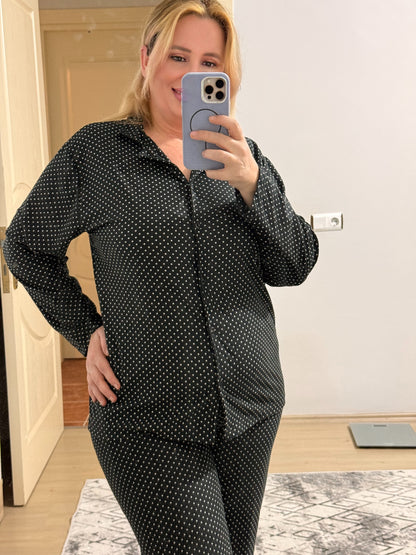 Siyah Puantiyeli Rahat Kalıp Pijama Takımı