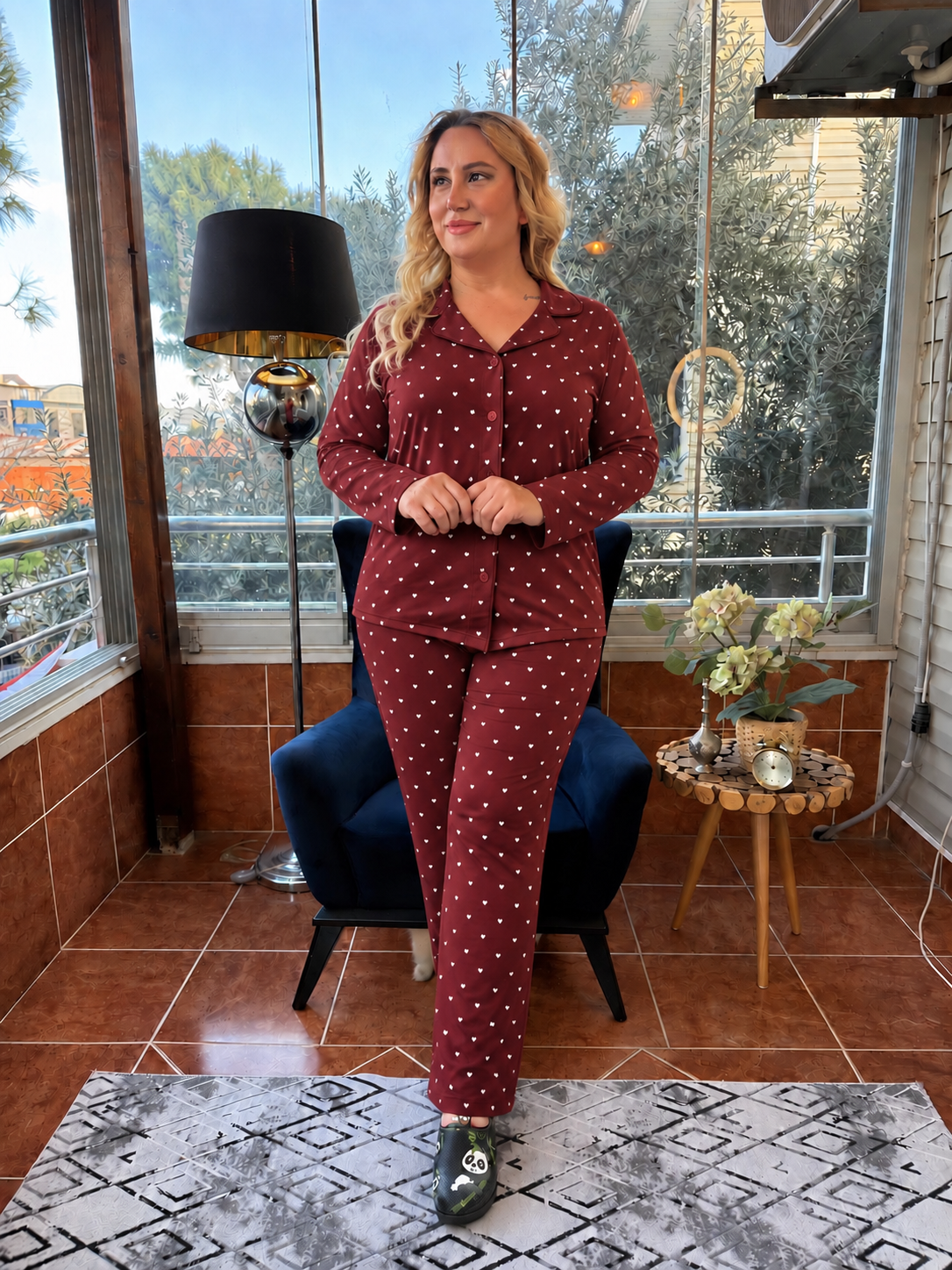 Büyük Beden Bordo Küçük Kalp Pijama Takım