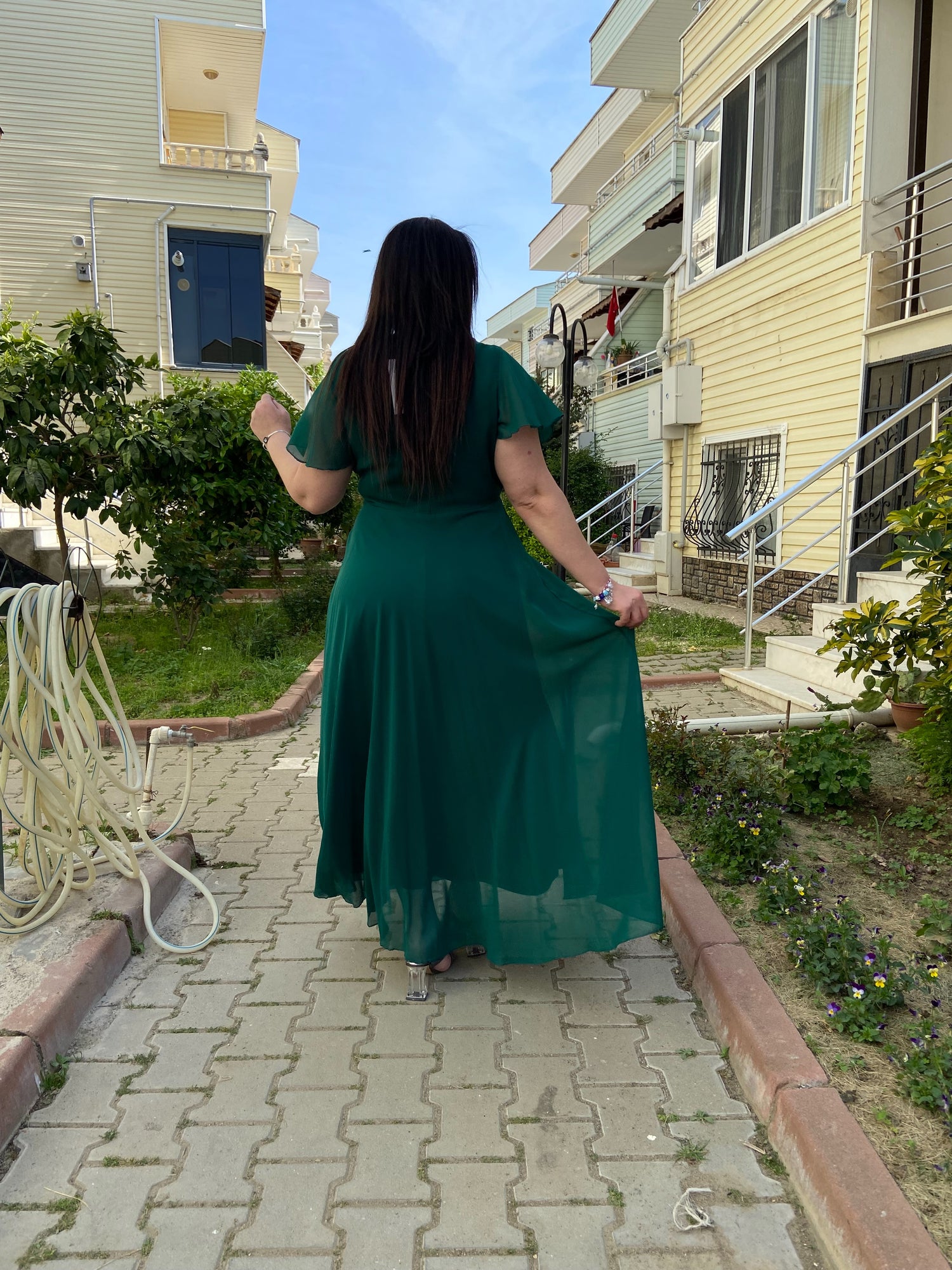 Şifon Yeşil Payet Detaylı Abiye Elbise