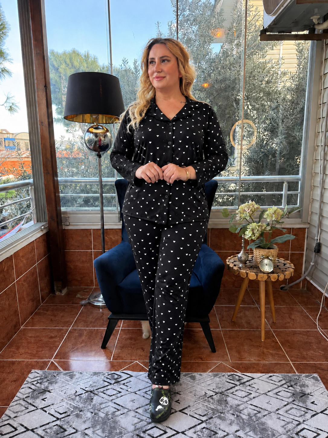 Büyük Beden Siyah Küçük Kalp Pijama Takım