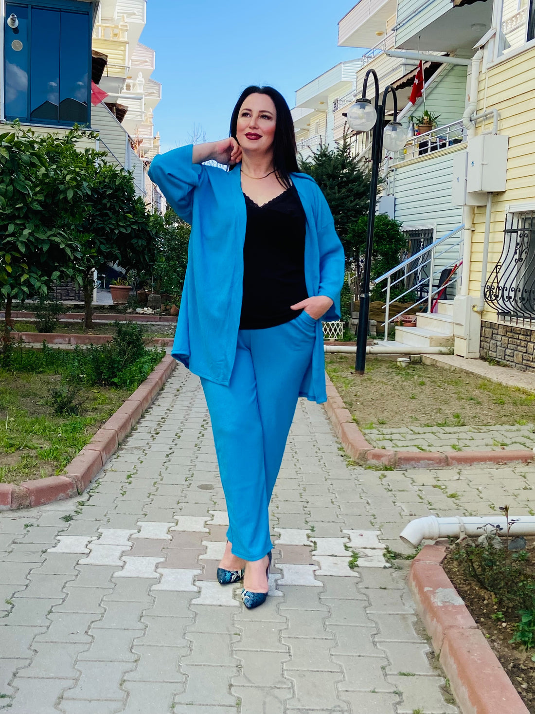 Mavi Renk Büyük Beden Kimono Takım