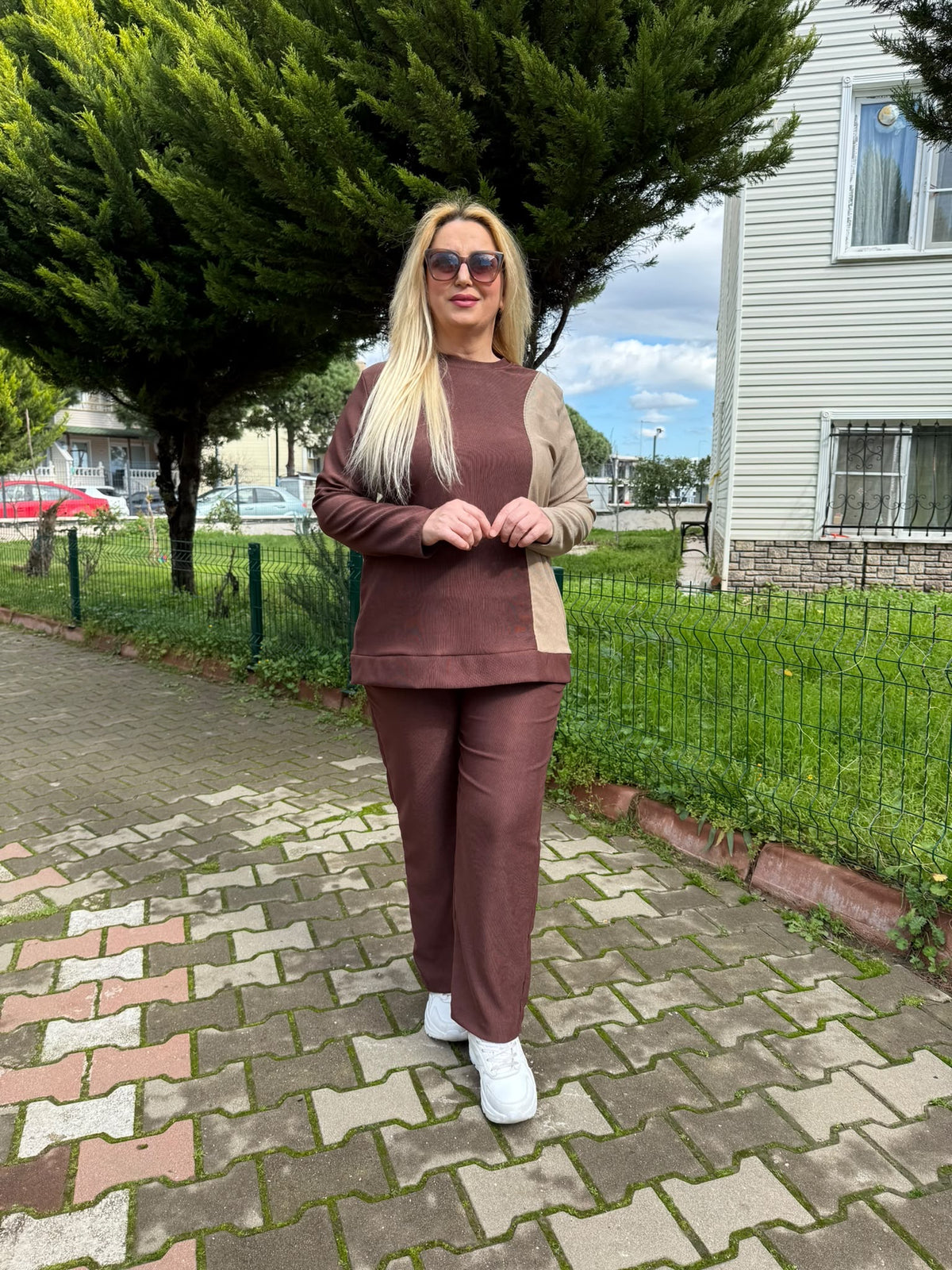 Büyük Beden Kahve - Bej Garnili Eşofman Takımı