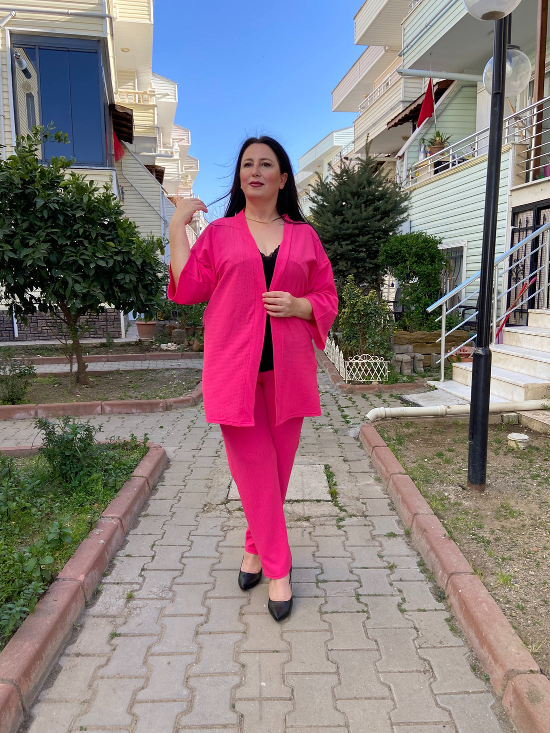 Fuşya Renk Büyük Beden Kimono Takım