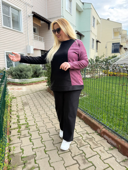 Büyük Beden Siyah - Bordo Garnili Eşofman Takımı