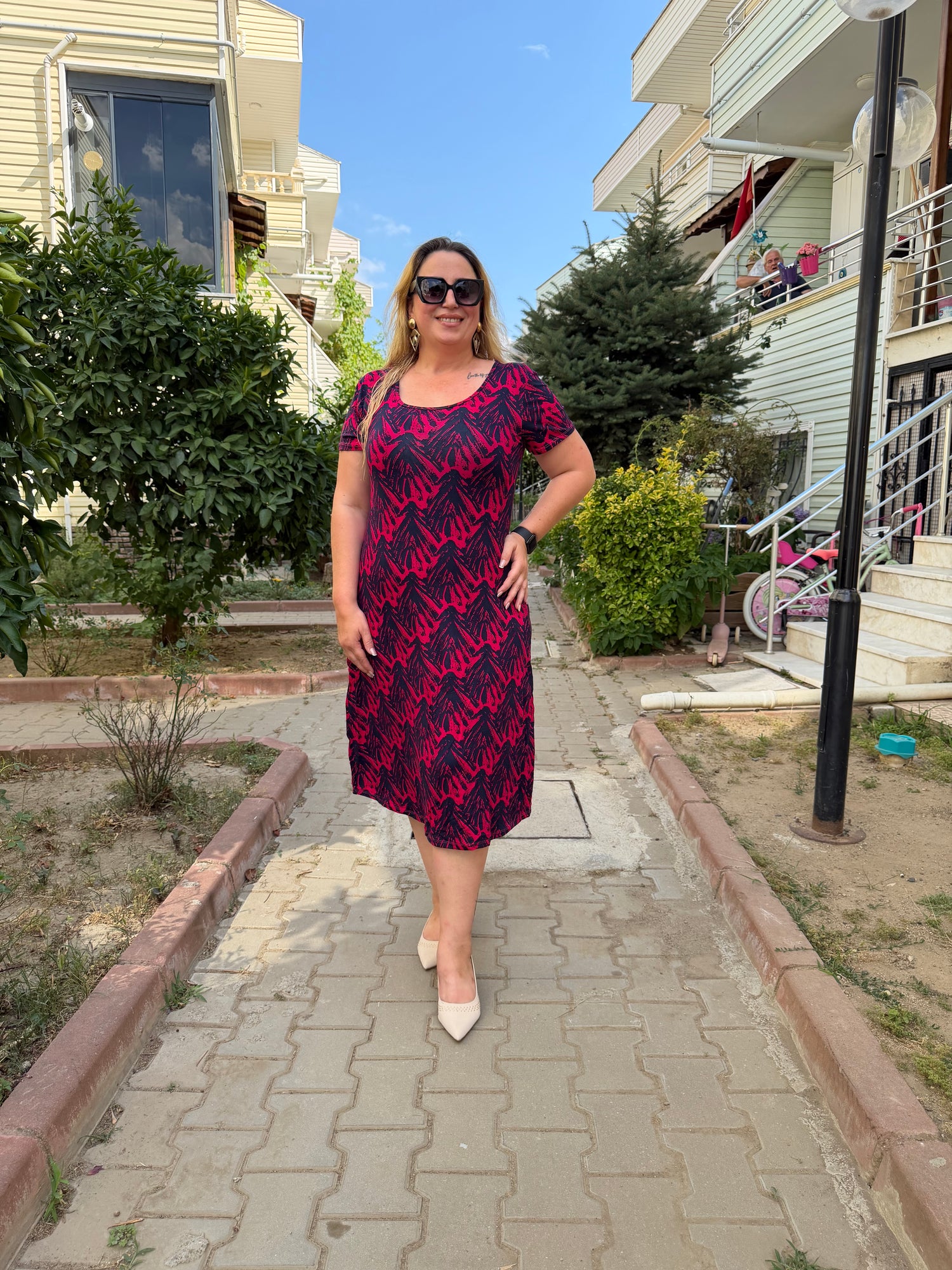 Fuşya Siyah Desenli Penye Günlük Elbise