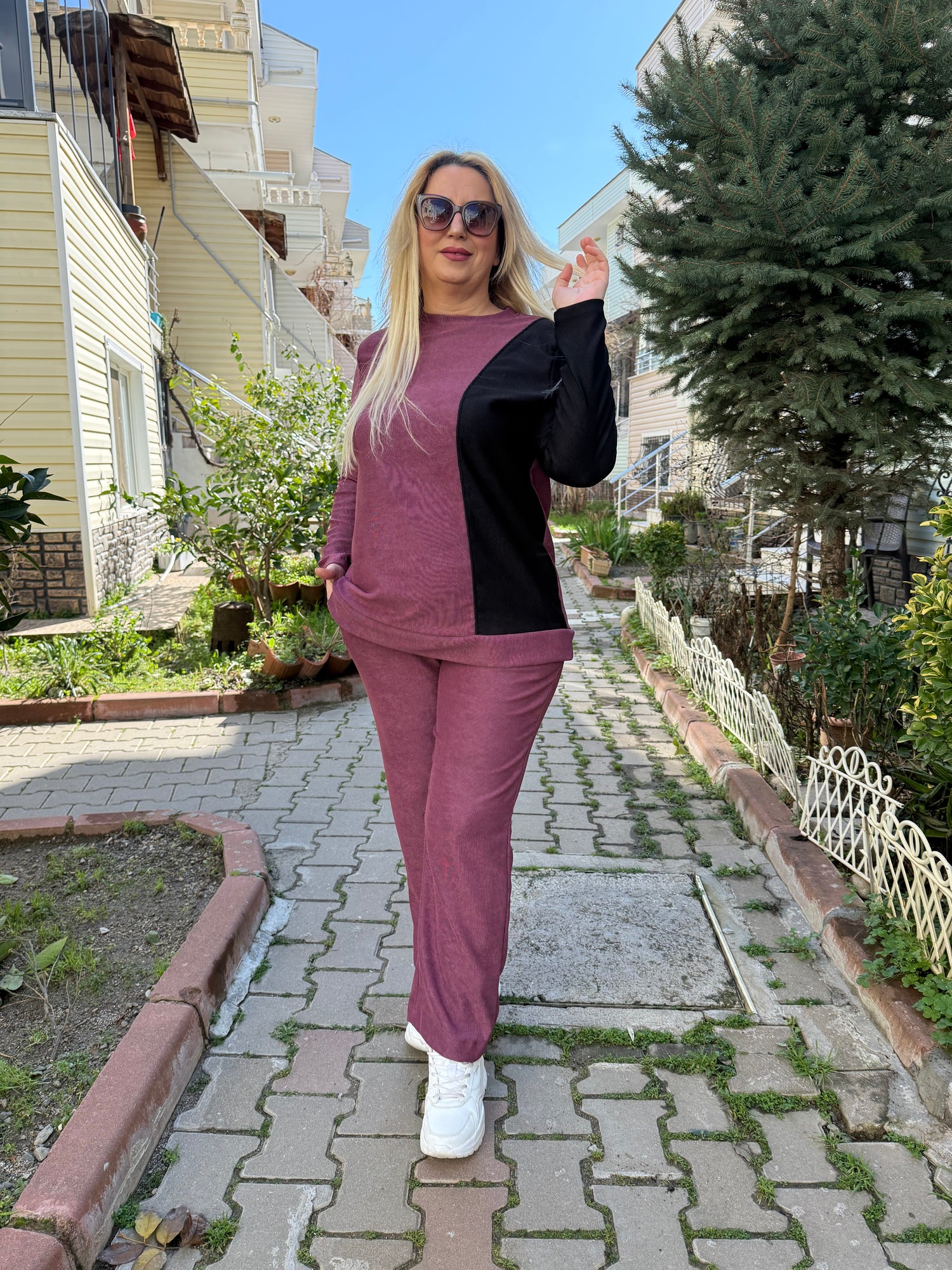 Büyük Beden Bordo-Siyah Garnili Eşofman Takımı