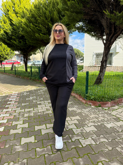 Büyük Beden Siyah - Gri Garnili Eşofman Takımı