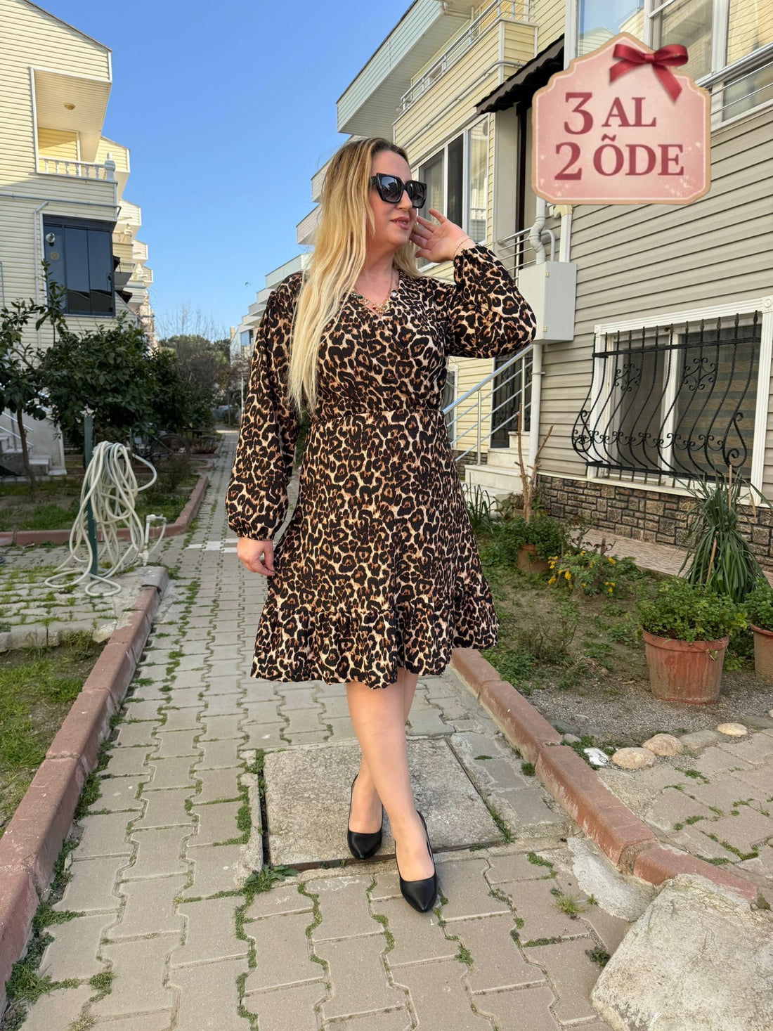 Kravuze Yaka Büyük Beden Leopar Desenli Elbise